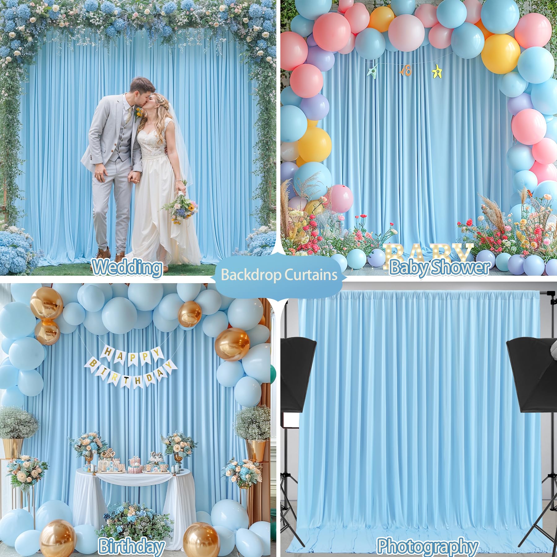 Baby Blue Drapes For Backdrop 10Ft X 8Ft Wrinkle Free Photo Backdrop Curtains Pleated Backdrop Soft Fabric Curtains For Backdrop