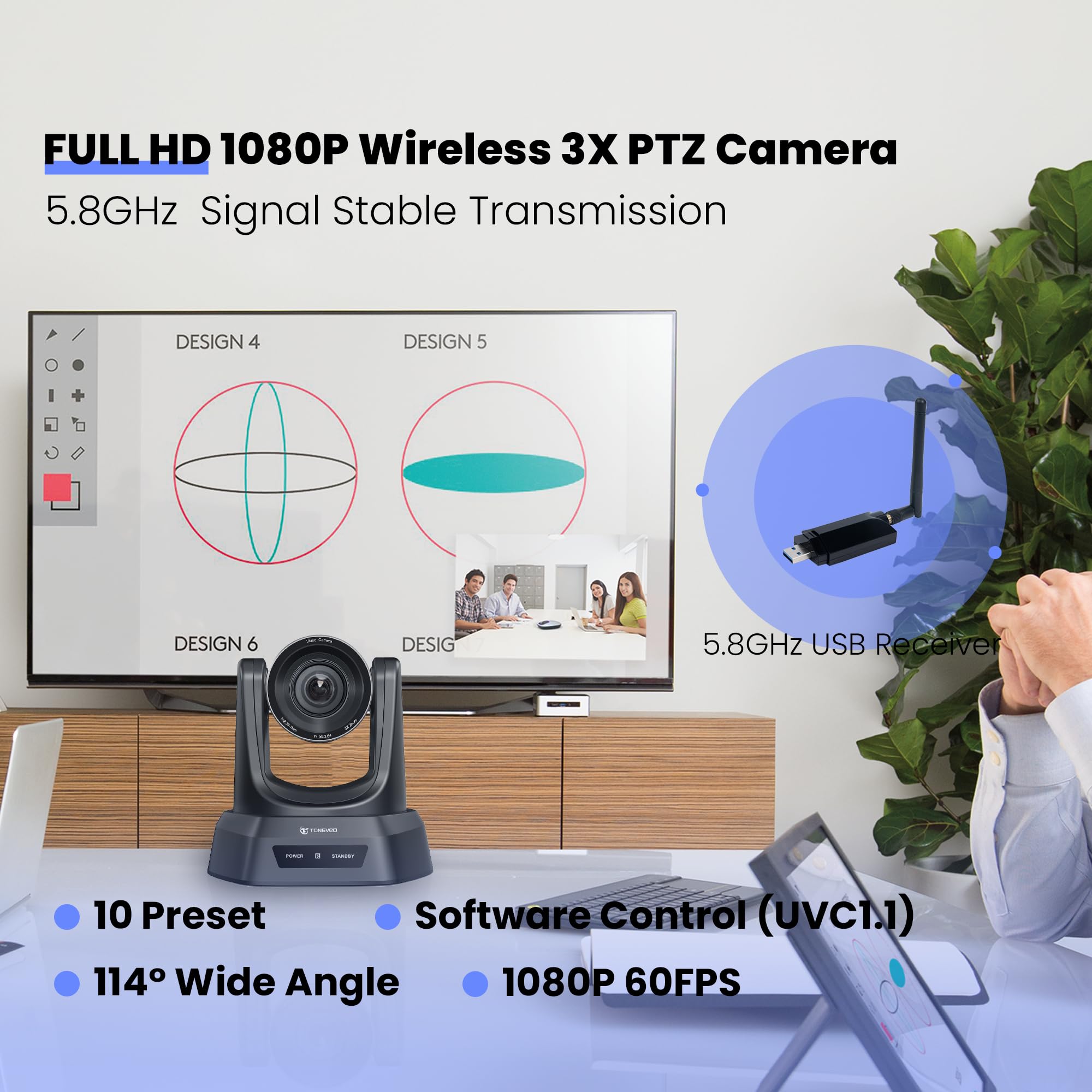 Tongveo 5.8Ghz Wireless Conference Room Camera System | 3X 60Fps Ptz Camera With Bluetooth Microphone, 50Ft Range, Compatible Wi