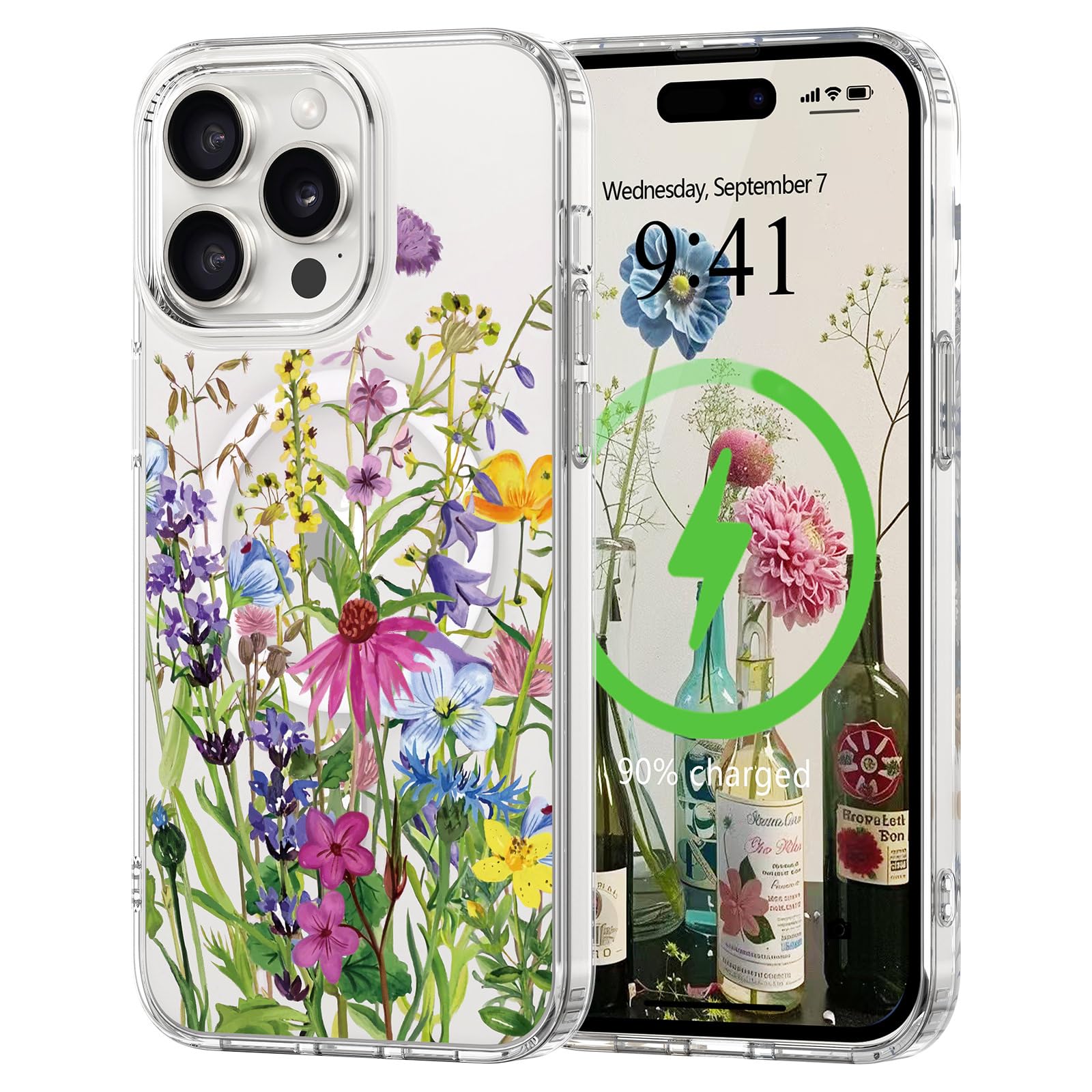 L-FADNUT for iPhone 15 Pro Case [Compatible with Magsafe], Cute Flower Girls Women Clear Case Silicone Shockproof Protective Cov