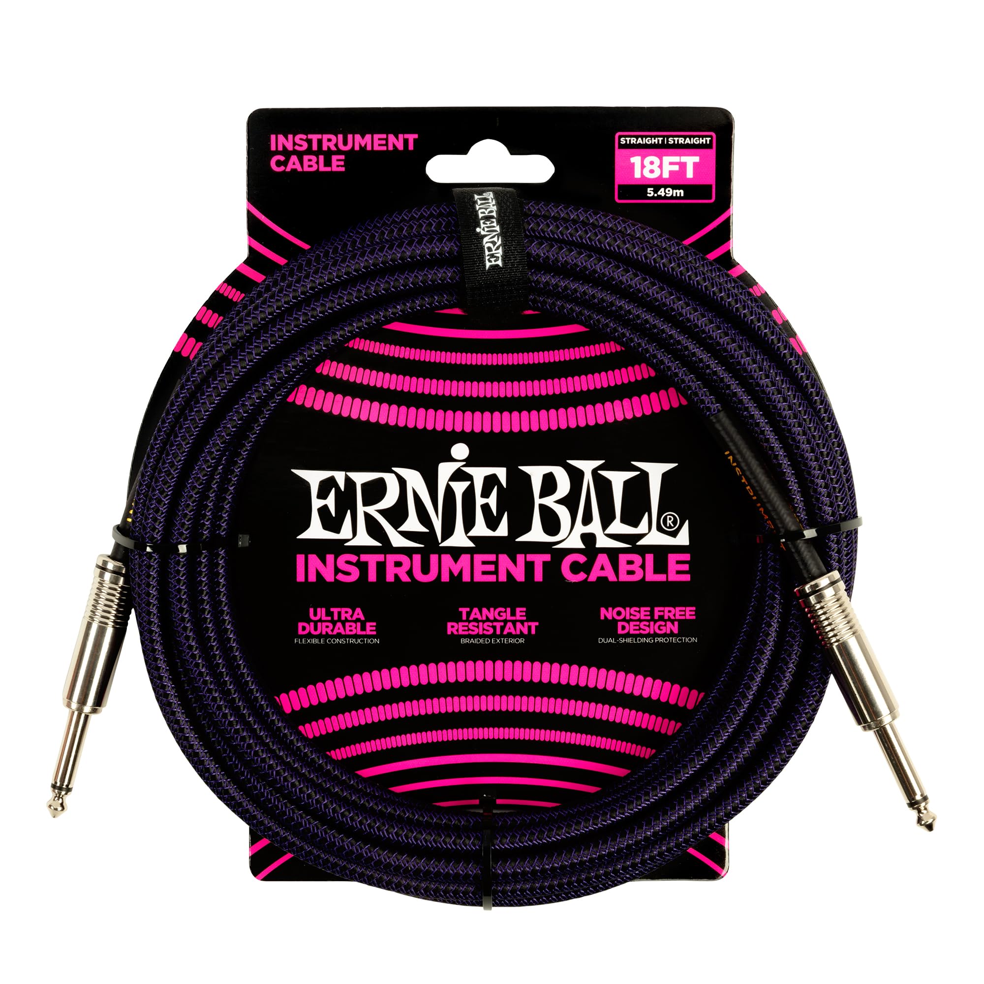 Ernie Ball Braided Instrument Cable, Straight Straight, 18Ft, Purple/Black