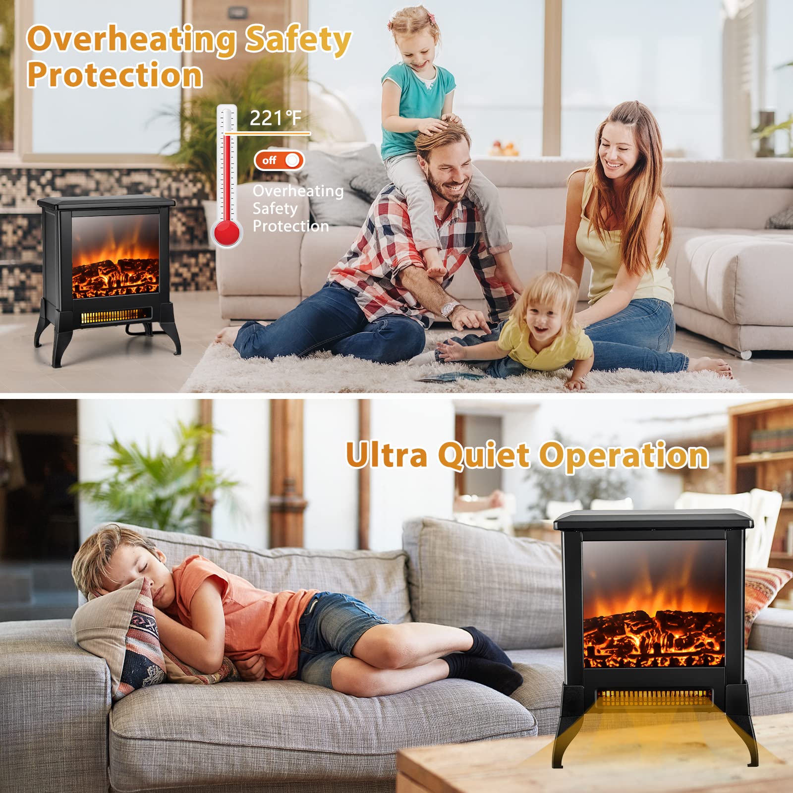 Goflame Electric Fireplace Heater Freestanding, 1400W Compact Fireplace Stove W/Realistic Flame Effect & Adjustable Temperature,