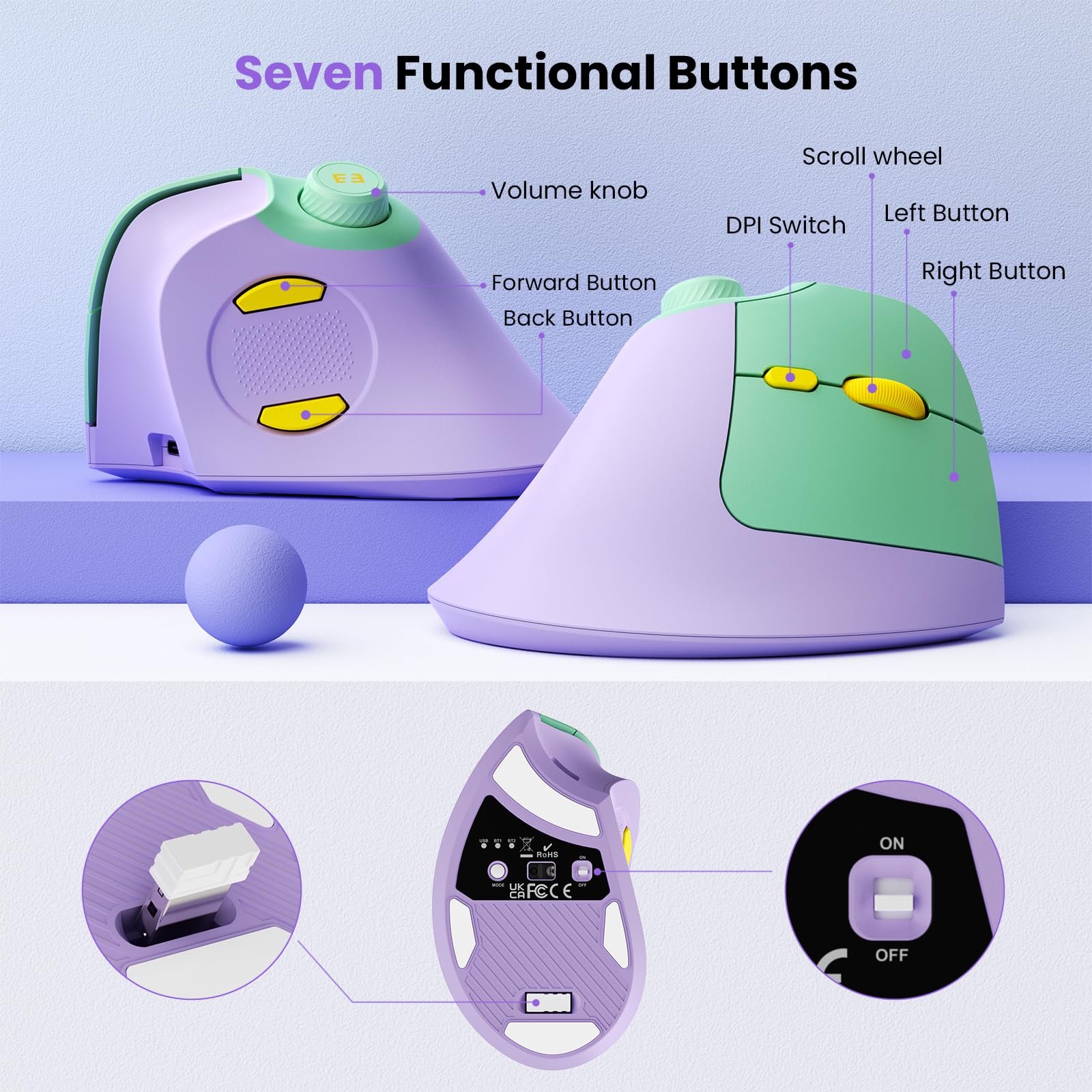 Seenda Ergonomic Mouse Rechargeable, Vertical Wireless Mouse With Volume Knob, Quiet Clicks, 3 Device Connection (Bluetooth Or Usb), Optical Mice For Windows, Pc/Mac  Purple