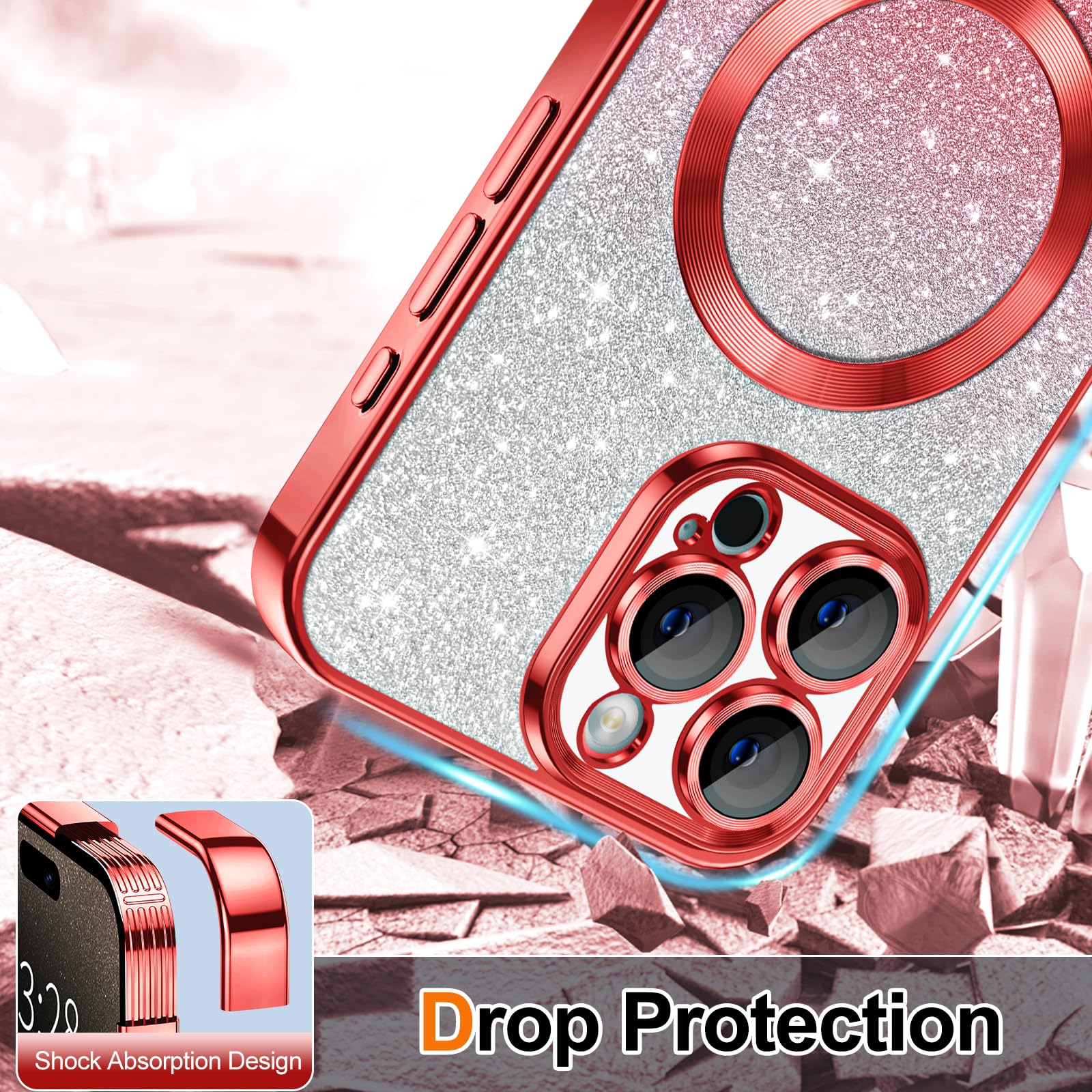 Hython For Iphone 15 Pro Case Clear Magnetic Glitter Phone Cases [Compatible With Magsafe] Full Camera Lens Protector Slim Gradi