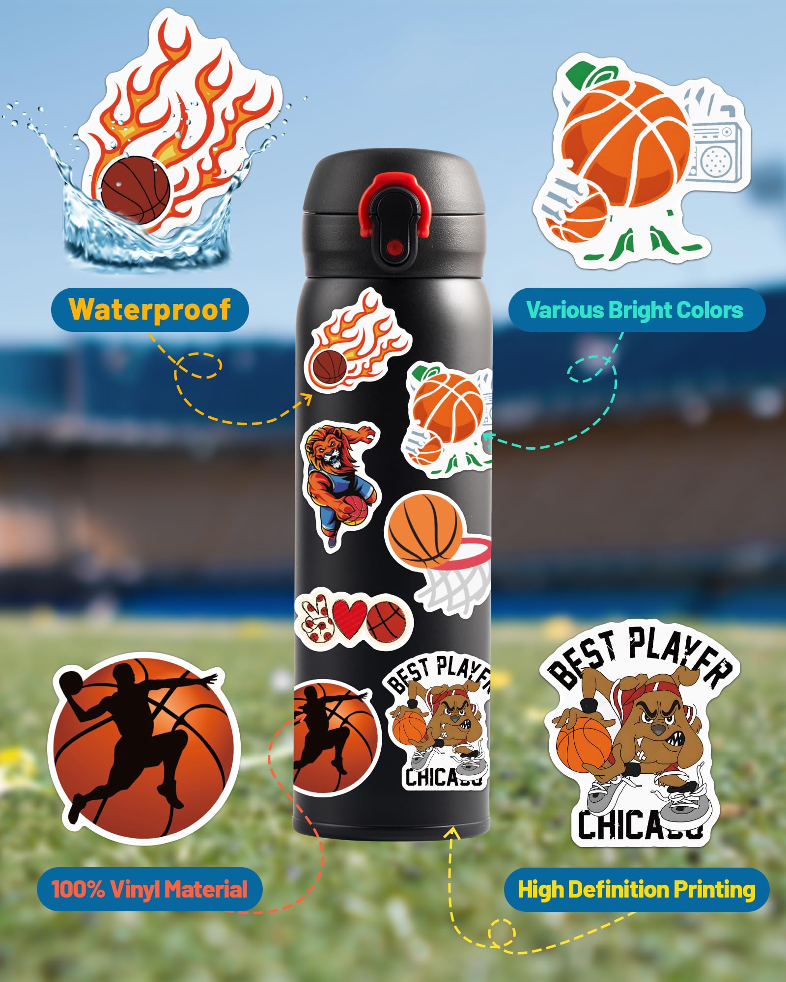 Pcnearty 100 Pcs Basketball Stickers For Kids, Water Bottle Stickers, Cute Vinyl Waterproof Hydroflask Phone Skateboard Laptop S