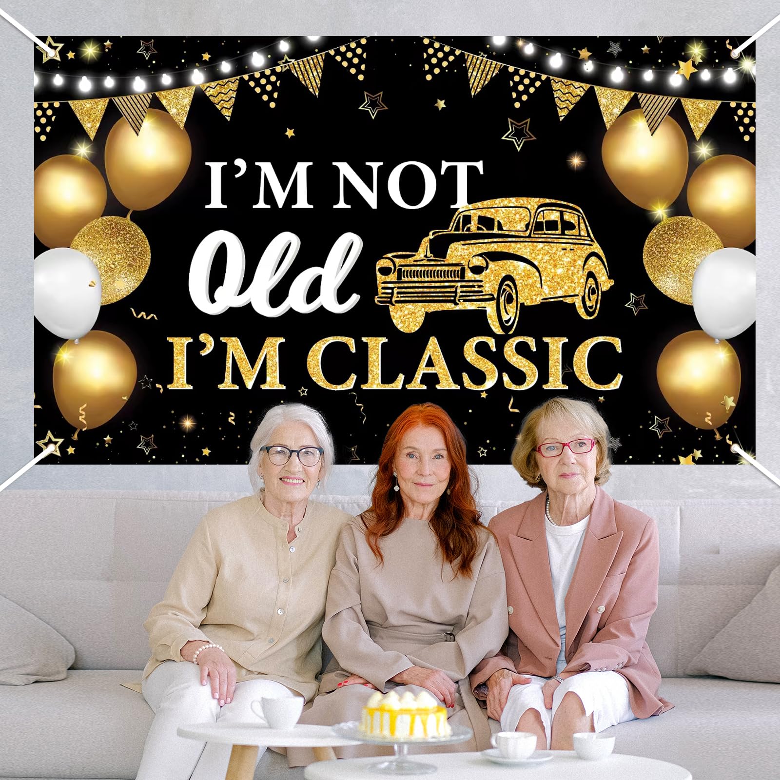 Old Birthday Party Decorations,I'M Not Old I'M Classic Backdrop,Black Gold Funny Classic Car Happy Birthday Backdrop Banner For