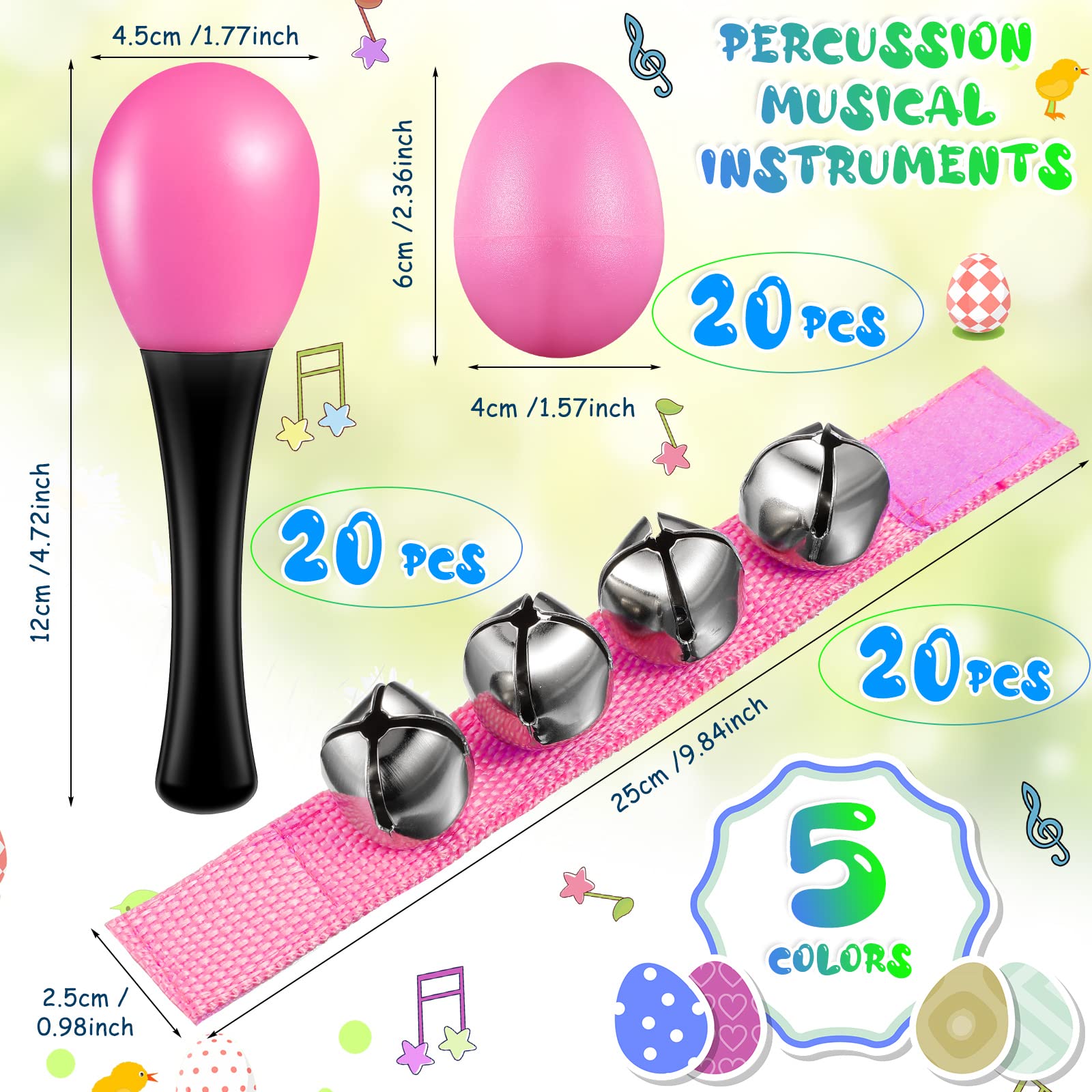60 Pcs Shaker Musical Instruments Kids Music Party Favor Baby Learning Percussion Toy, Including 20 Pcs Wrist Hand Band Jingle B
