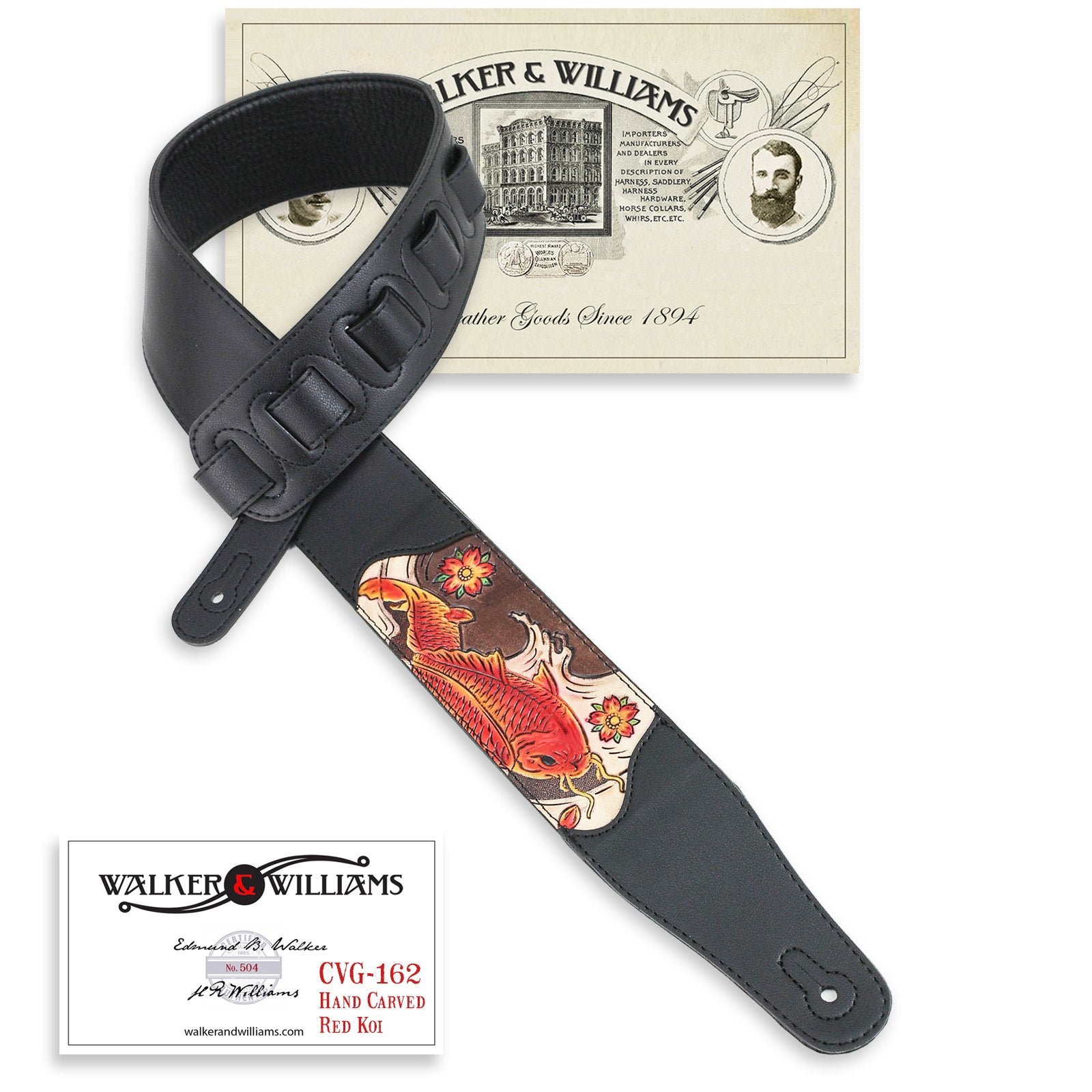 Walker & Williams CVG-162 Black Padded Guitar Strap with Hand Tooled Red And Brown Koi Fish Design