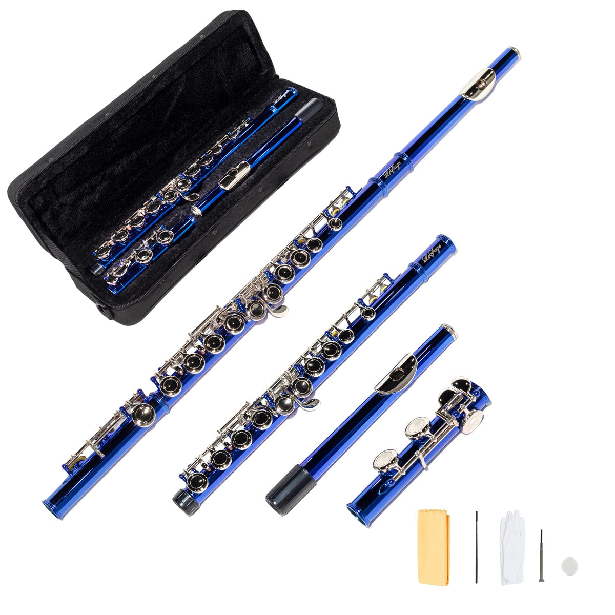 LeSage Closed Hole C Flutes 16 Key Blue Flute for Student Flute Beginner Starter with Flute Case Maintenance Kit Cleaning Cloth 