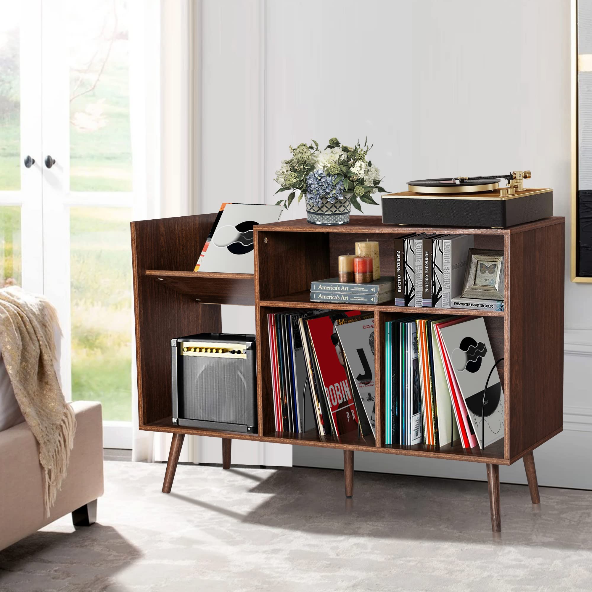 Rarzoe Large Record Player Stand, Mid Century Concord Turntable Stand Table Holds Up To 350 Albums, Vinyl Record Storage Cabinet