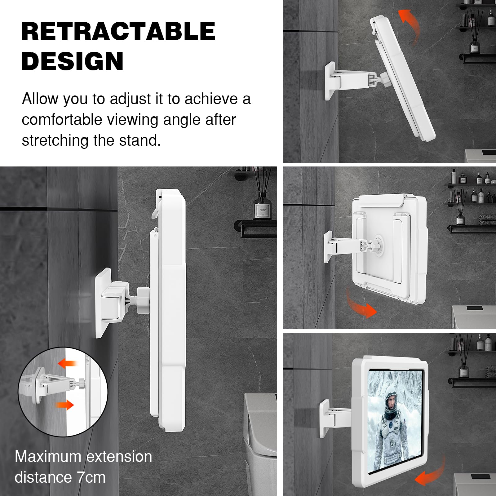 MoKo Shower Tablet Holder, Stretchable Waterproof iPad Holder Fit All Devices Up to 11', 360� Rotation Tablet Wall Mount Holder with Anti Fog Touchable Screen, 2 Placement Modes, for Bathroom Kitchen