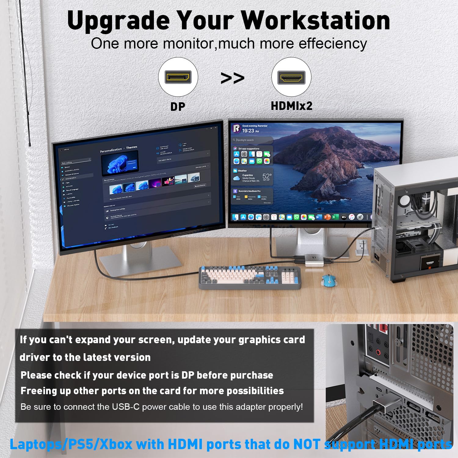 Uantin Displayport To Dual Hdmi Adapter | 4K 60Hz Dp Source To Hdmi Splitter Extended Display Adapter For Dual Monitors,Display