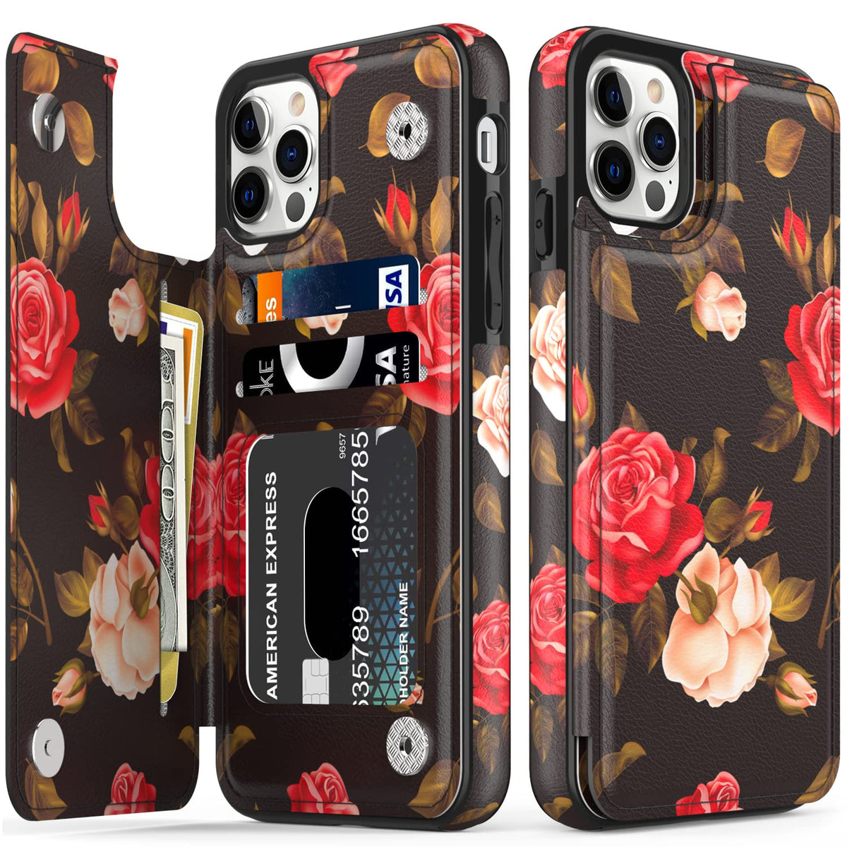 Leto Iphone 14 Pro Max Case,Flip Folio Leather Wallet Case Cover With Fashion Blooming Florals Designs For Girls Women,Card Slot