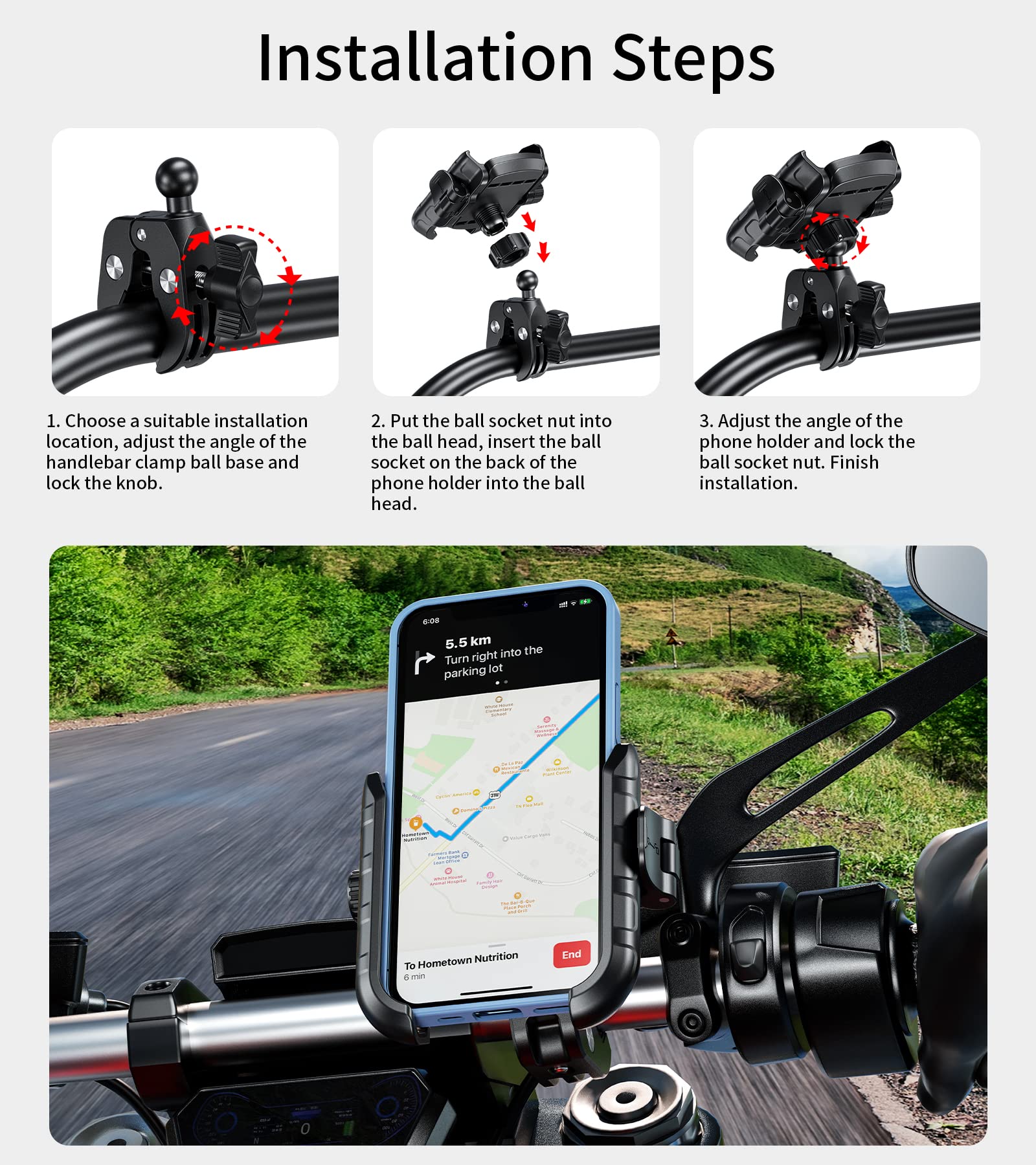 Kewig Motorcycle Phone Mount, Adjustable Handlebar Clip, 360 Rotation, Camera Friendly, Wide Compatible, Secure Phone Holder, Un