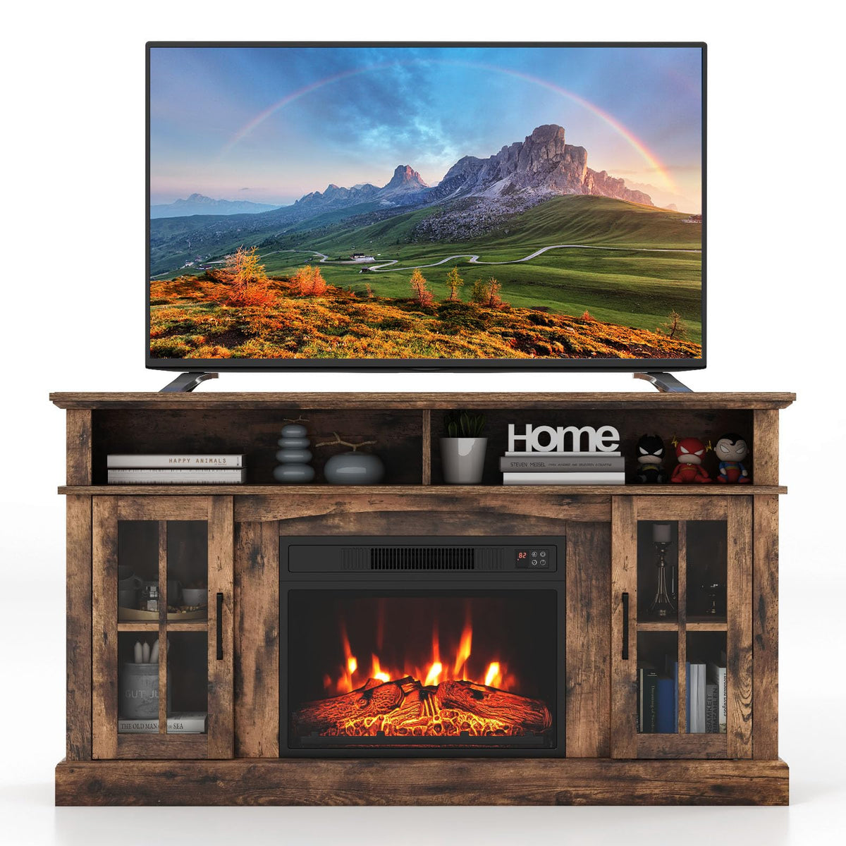 Costway Electric Fireplace Tv Stand For Tvs Up To 65 Inches, 1400W Heater Insert With Remote Control, 6H Timer, 3 Level Flame, Overheat Protection And Csa Certification, Adjustable Shelves, Brown