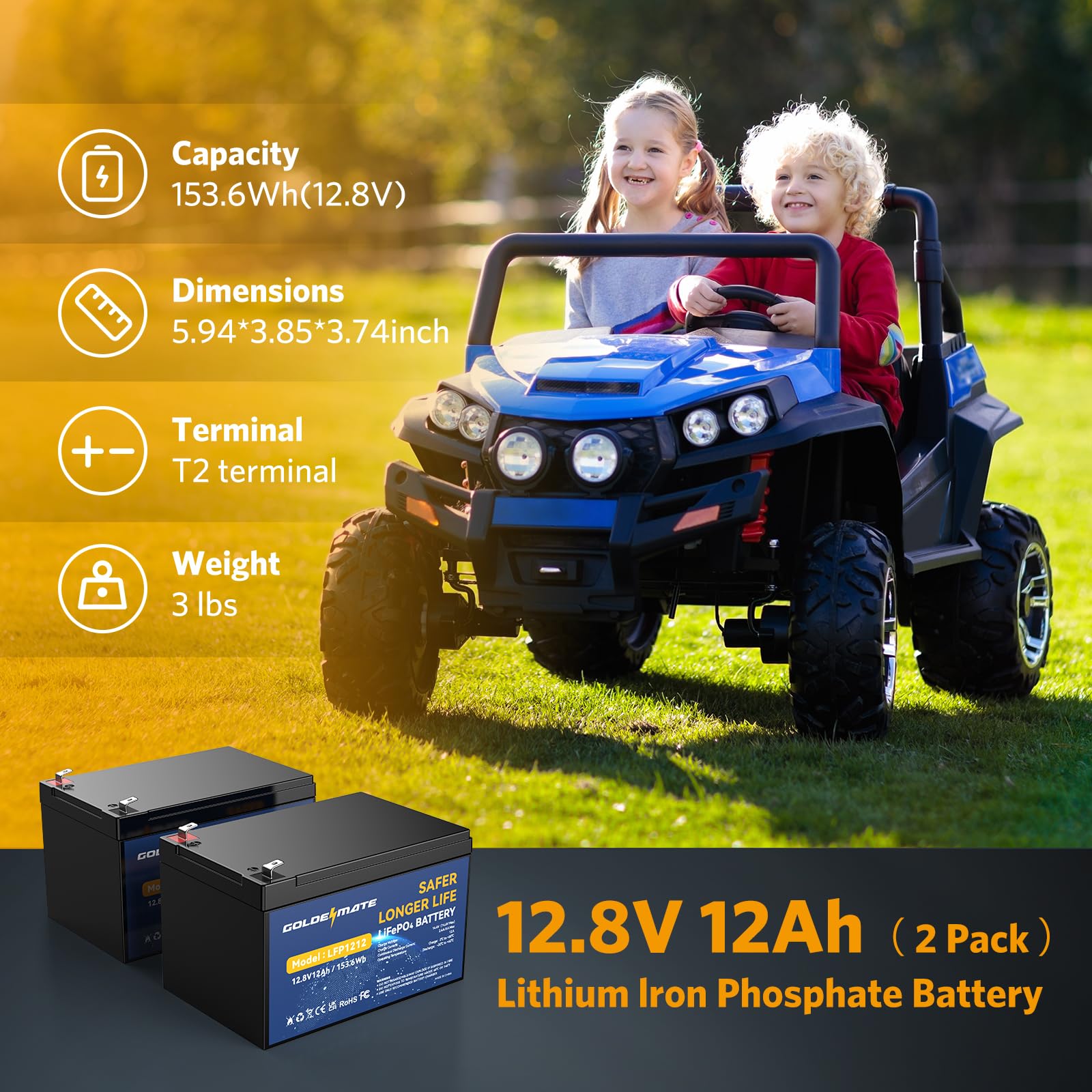 Goldenmate 12V 12Ah Lithium Lifepo4 Deep Cycle Battery 2 Pack, 5000+ Cycle Rechargeable Lithium Iron Phosphate Battery For Solar