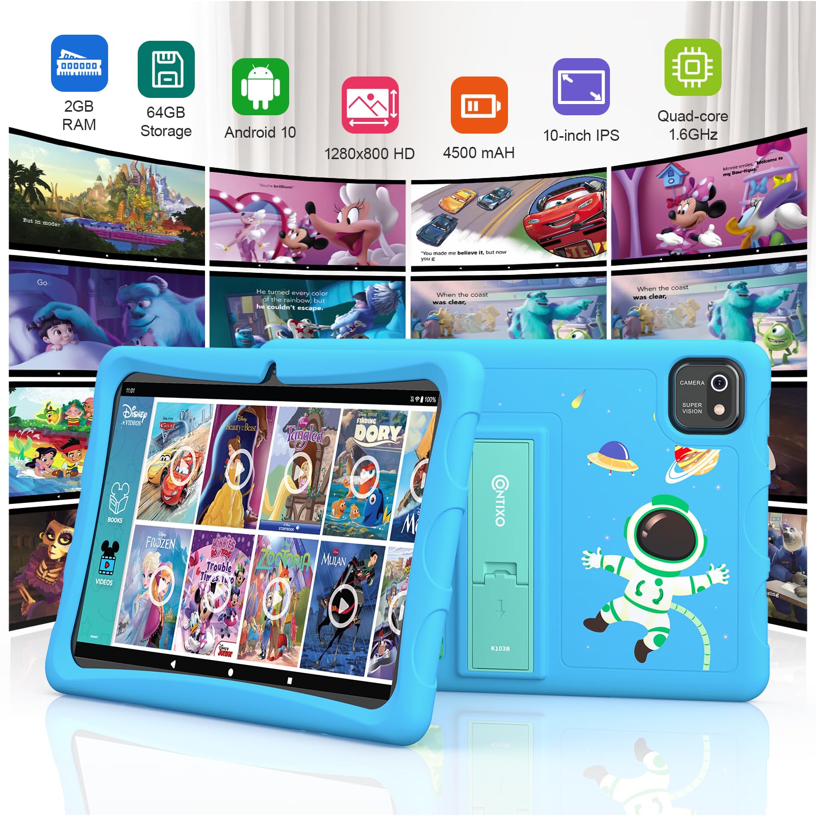 Contixo K103 Kids Tablet   Tablet For Kids Toddler With 80 Disney Storybooks Pre Installed, 10 Inch, 32Gb, Android Wifi, Parental Control, Learning Tablet For Children, Kid Proof Case (Blue)