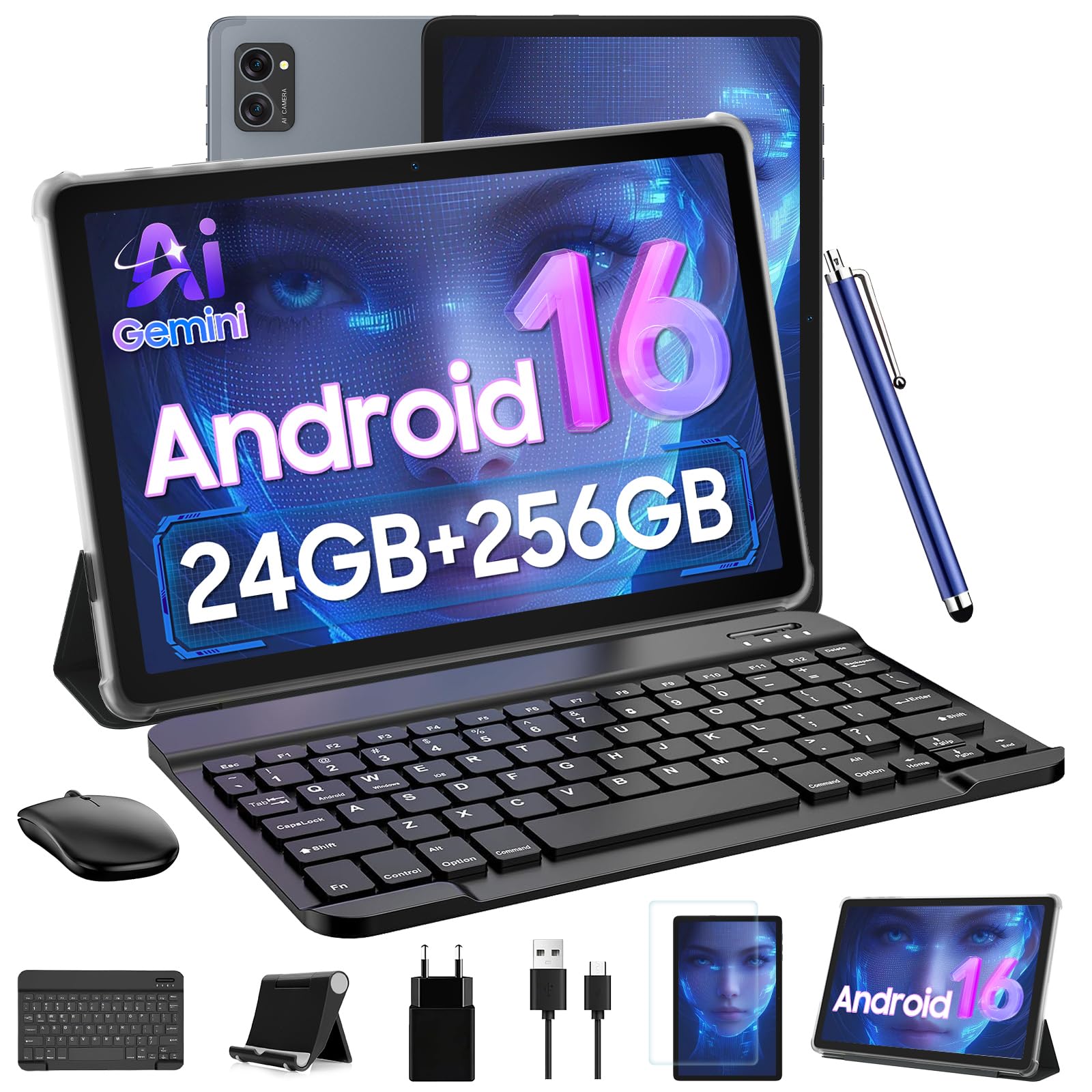 Tablet 2026 Latest Android 16 Tablets with 10.1 Inch Incell Display, 24GB RAM 256GB ROM /2TB TF, Gemini AI, T606 Octa-Core+8MP C