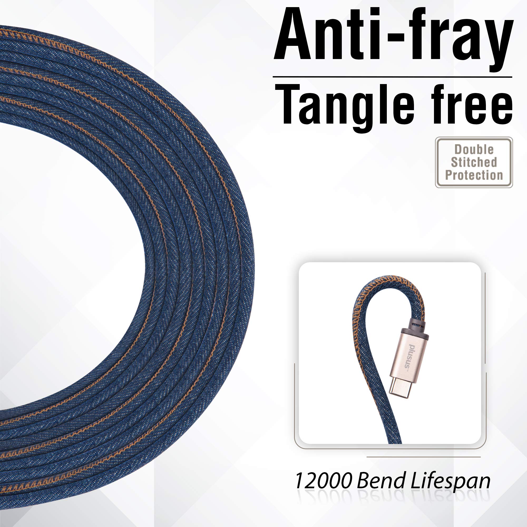 Plusus Liferock 10 Ft (3M) Extra Long Usb C To Usb Cable Handcrafted In Stitched Denim Featuring An Adjustable Alloy Weight