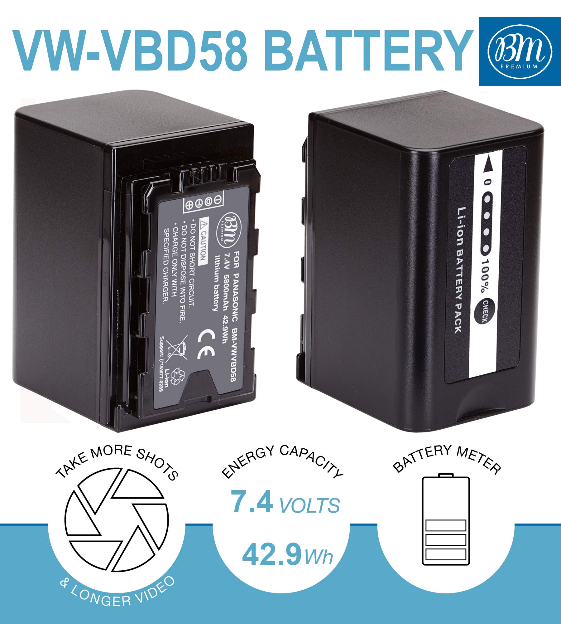 BM Premium 2 VW VBD58 Batteries and Dual Bay Charger for Panasonic AG VBR59, BGH1, HC X1, HC X1500, HC X2000, AG CX10, AG CX350, AG UX180, AG AC30, AG UX90, AG DVX200, HC MDH3E, AJ PX270, AJ PX230