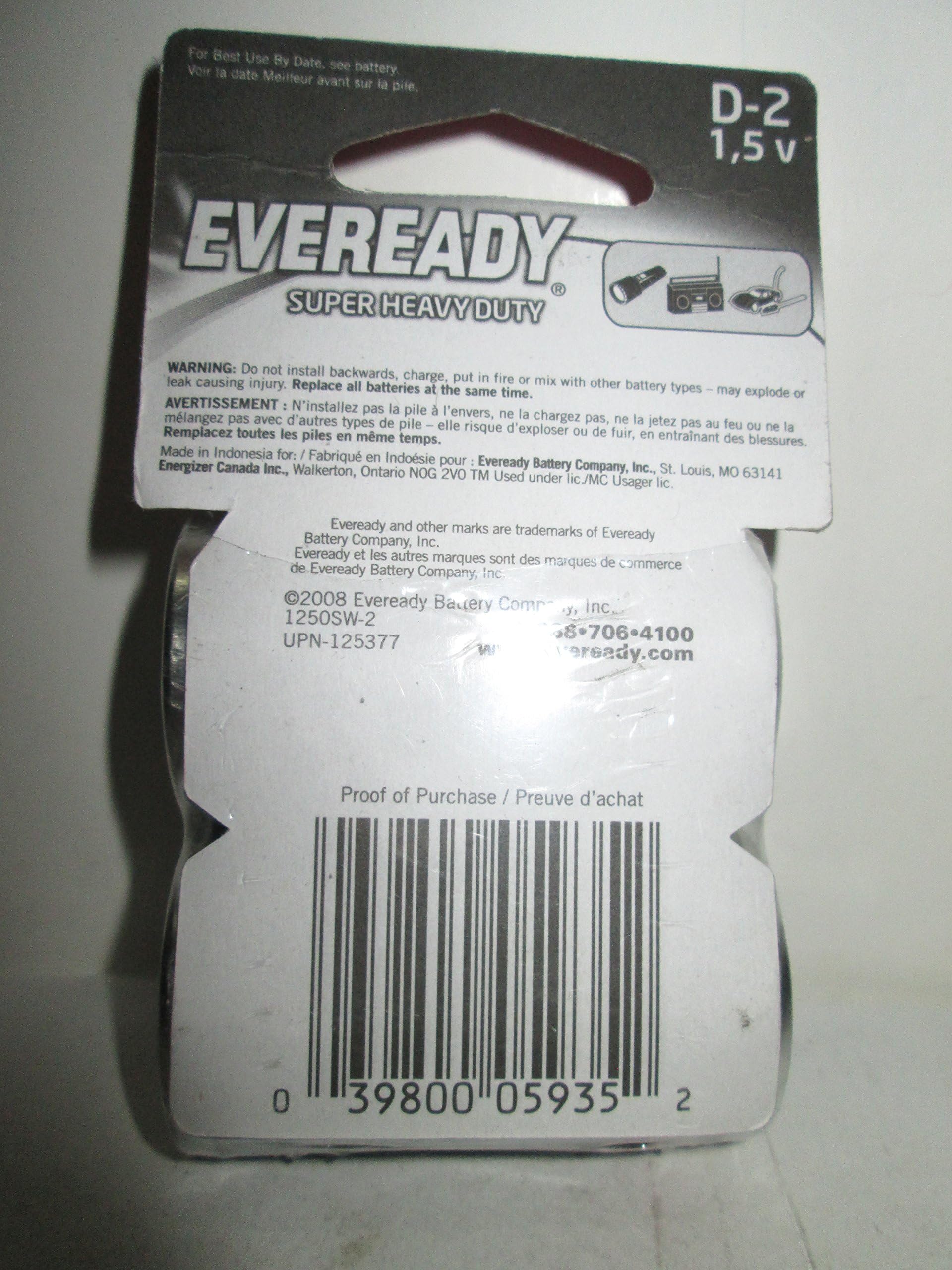 Eveready Super Heavy Duty D 1.5V Batteries   2Pack