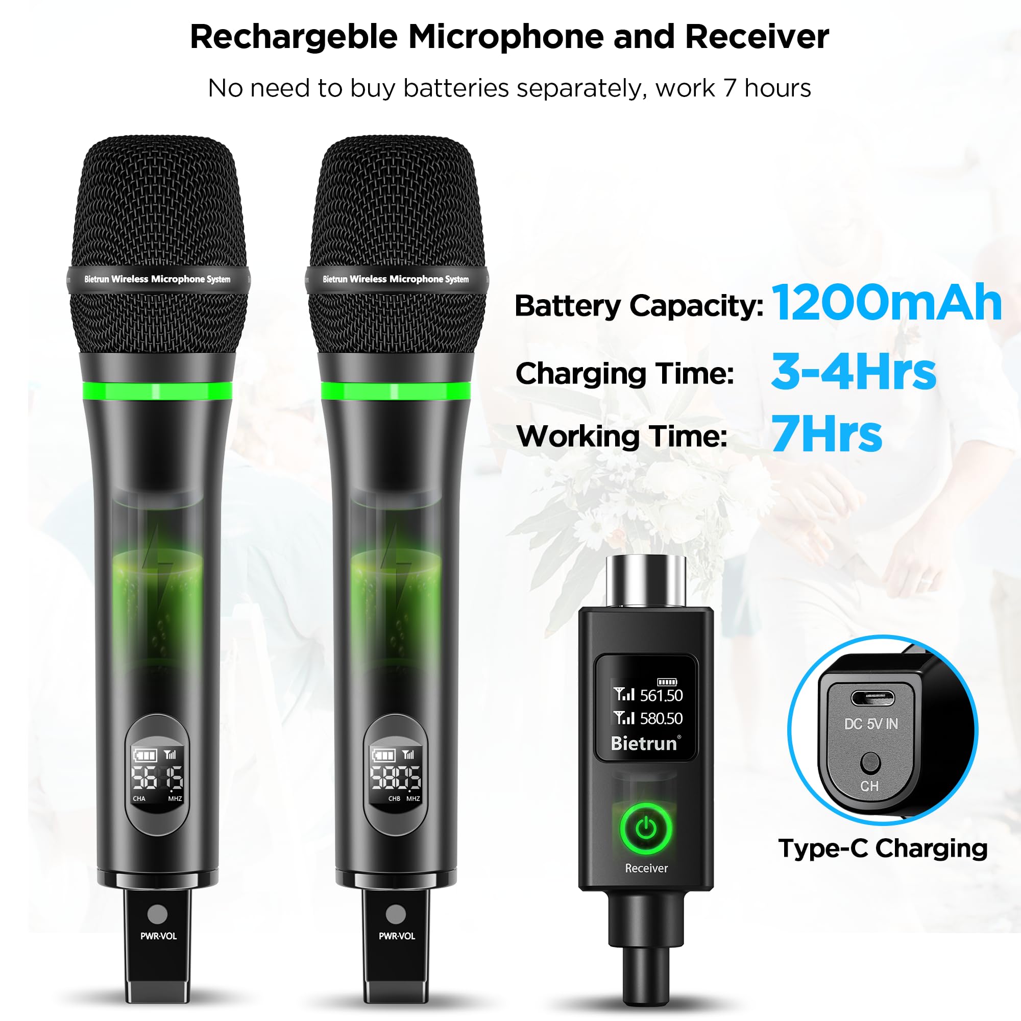 Bietrun Xlr Wireless Microphone, Rechargeable Dual Metal Cordless Handheld Dynamic Mics For Mixer, Audio Interface, Pa Amplifier