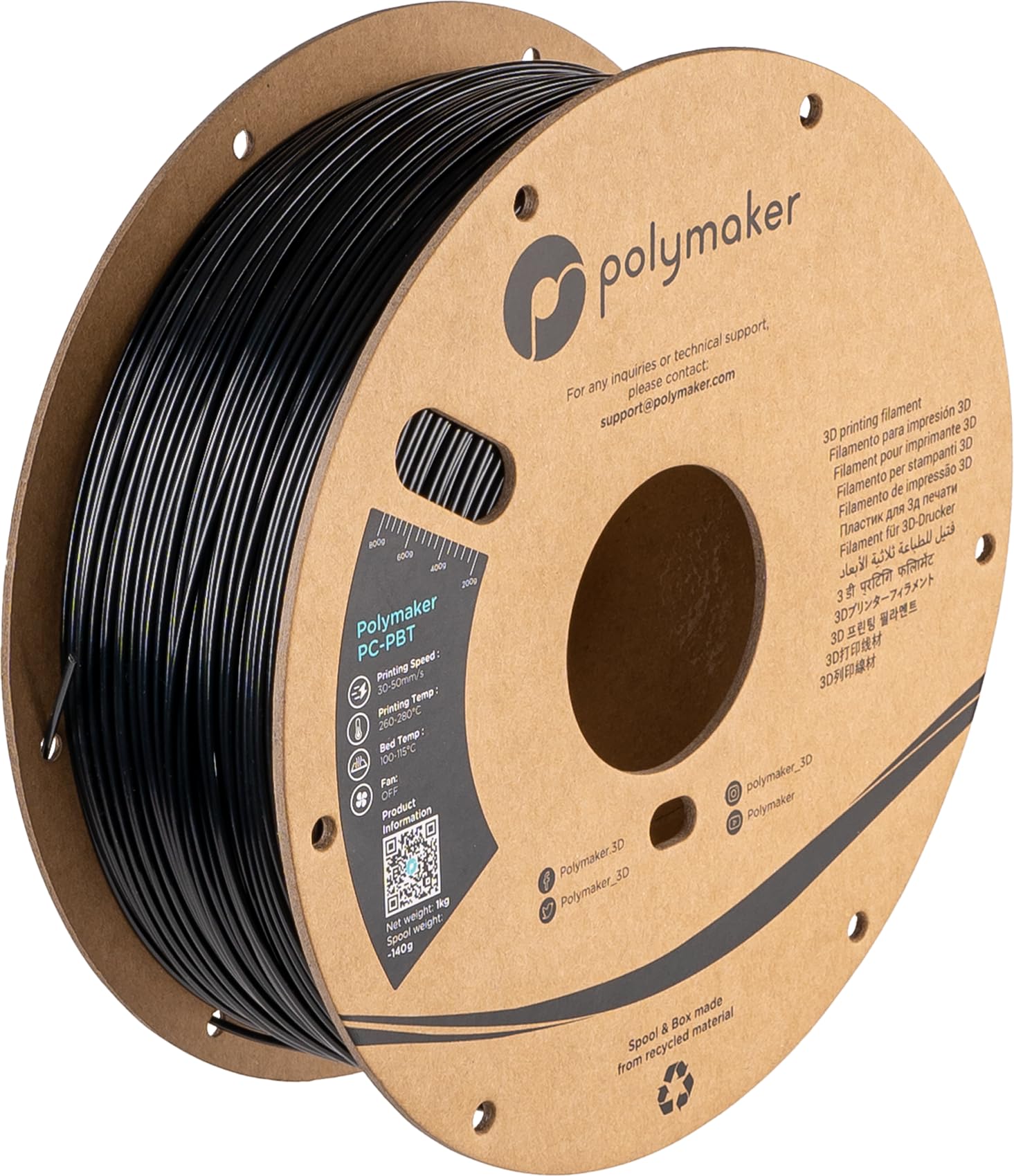 Polymaker PC-PBT Filament 1.75mm, Black Polycarbonate Filament 1.75mm PBT Blend, 1kg Cardboard Spool - Low Temperature Toughness