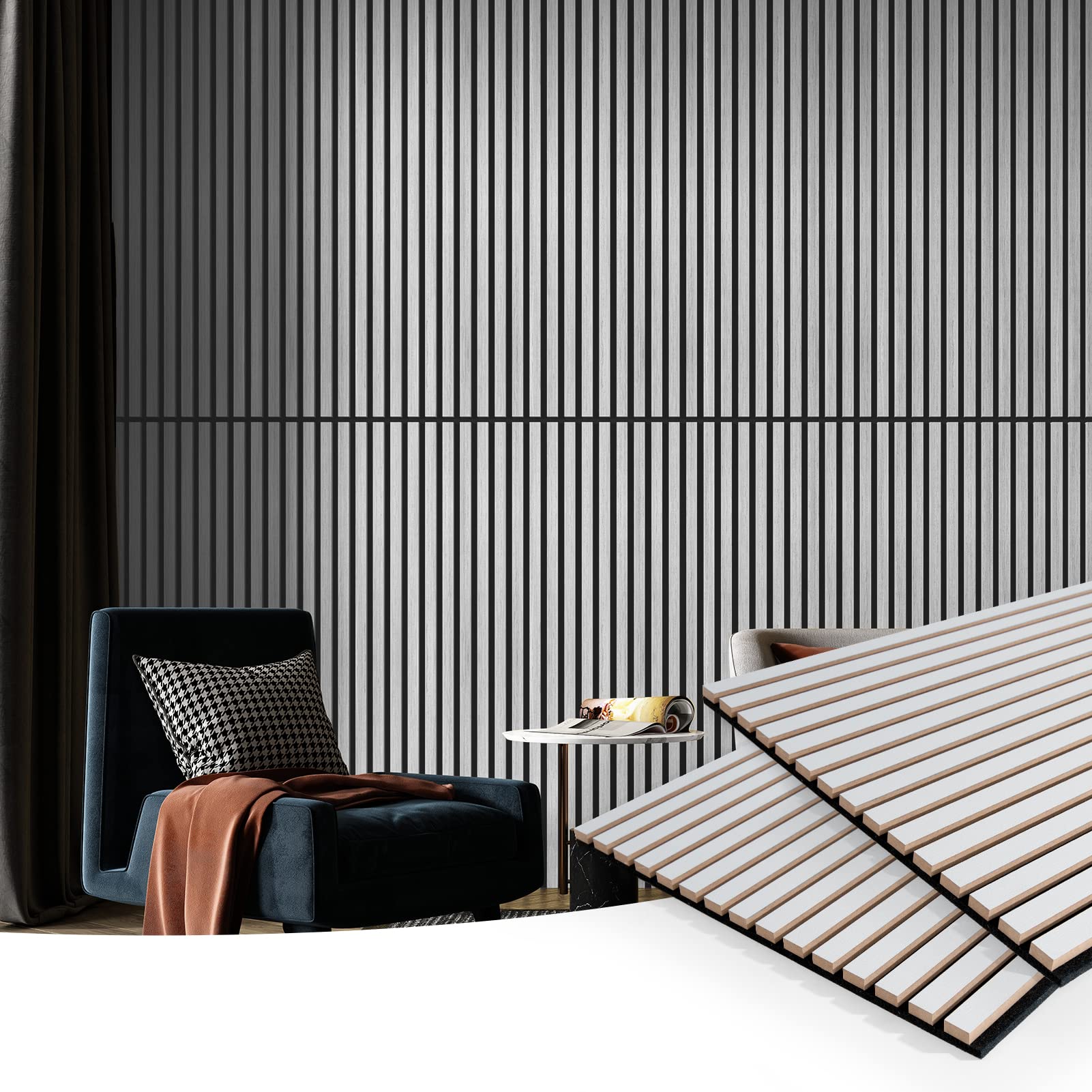 Art3D 2 Wood Slat Acoustic Panels For Wall And Ceiling   3D Fluted Sound Absorbing Panel With Wood Finish   Brushed Silver