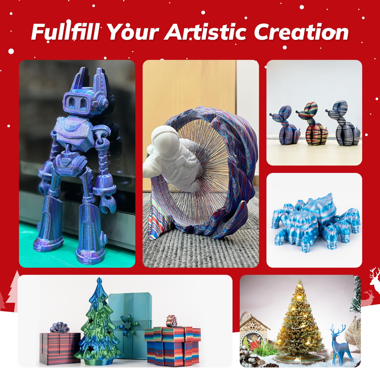 Amolen Silk Pla 3D Printer Filament, Shiny Multicolor Christmas Rainbow Pla Filament 1.75Mm, Fast Color Change Pla 3D Printing F