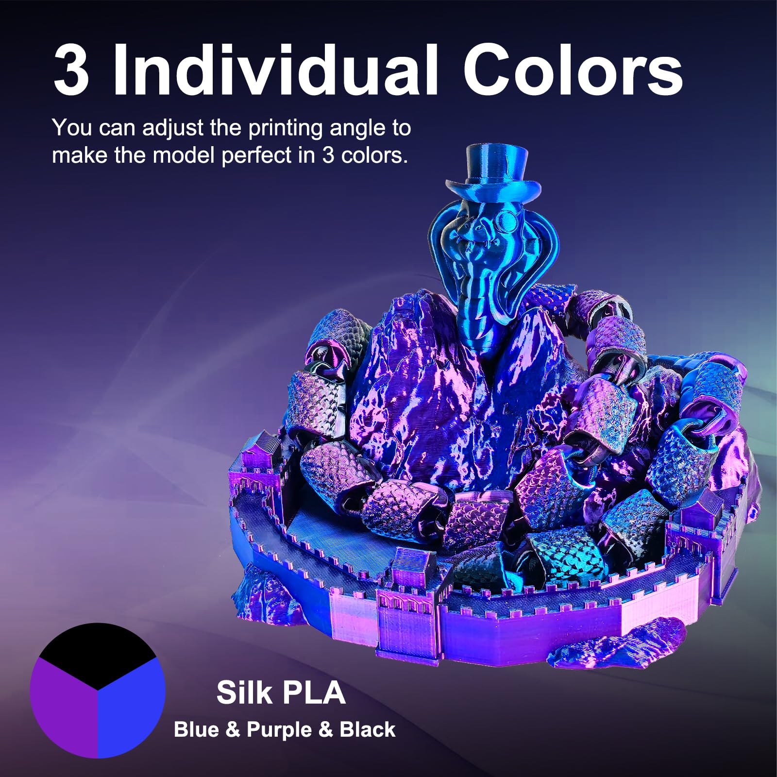 Eryone Silk Tri Color Coextrusion Pla Filament,3D Printer 1.75Mm,+/ 0.03Mm, Triple Color Filament 1Kg(2.2Lbs), Silk Blue Purple