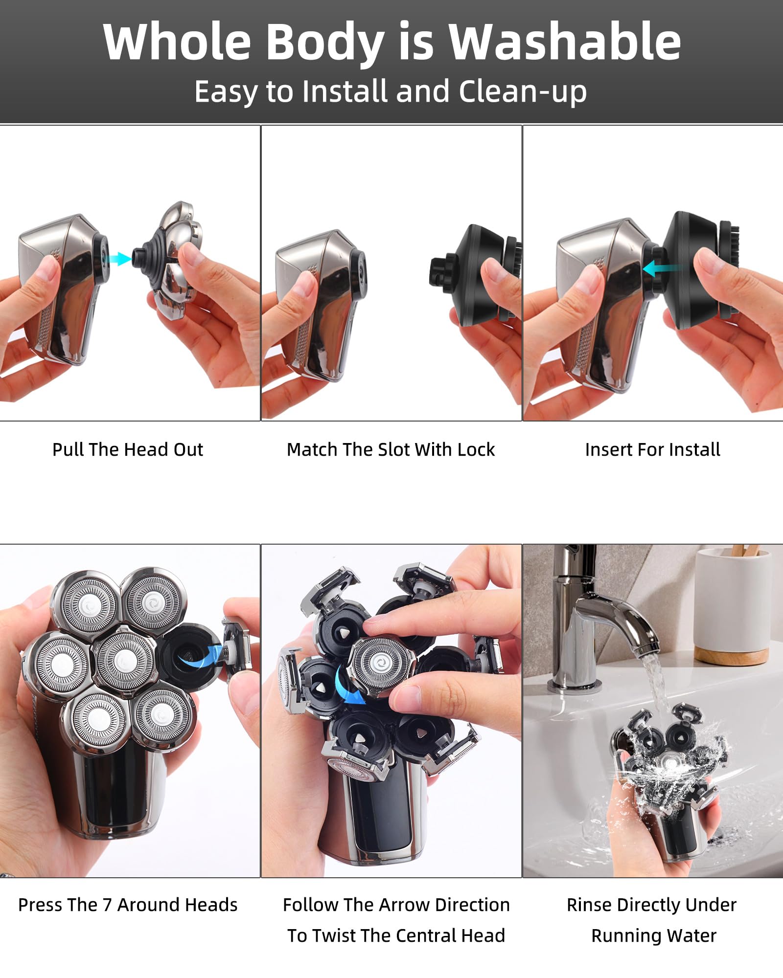 Head Shavers For Bald Men,7D Detachable Electric Bald Head Shaver,5 In 1 Dry Wet Bald Head Shavers For Men,Ipx7 Waterproof Elect