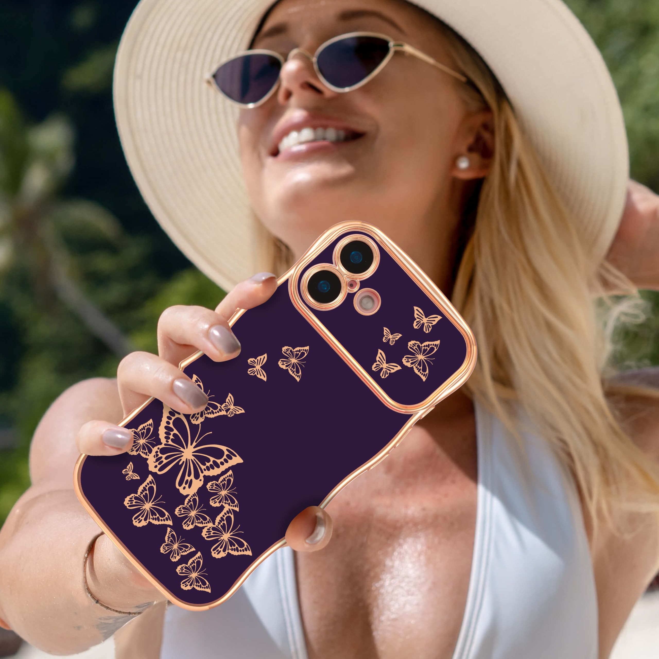 Ztofera For Iphone 16 Case For Girl Women, Cute Curly Wave Frame With Luxury Plating Butterfly Pattern, Soft Tpu Gold Edge Shock