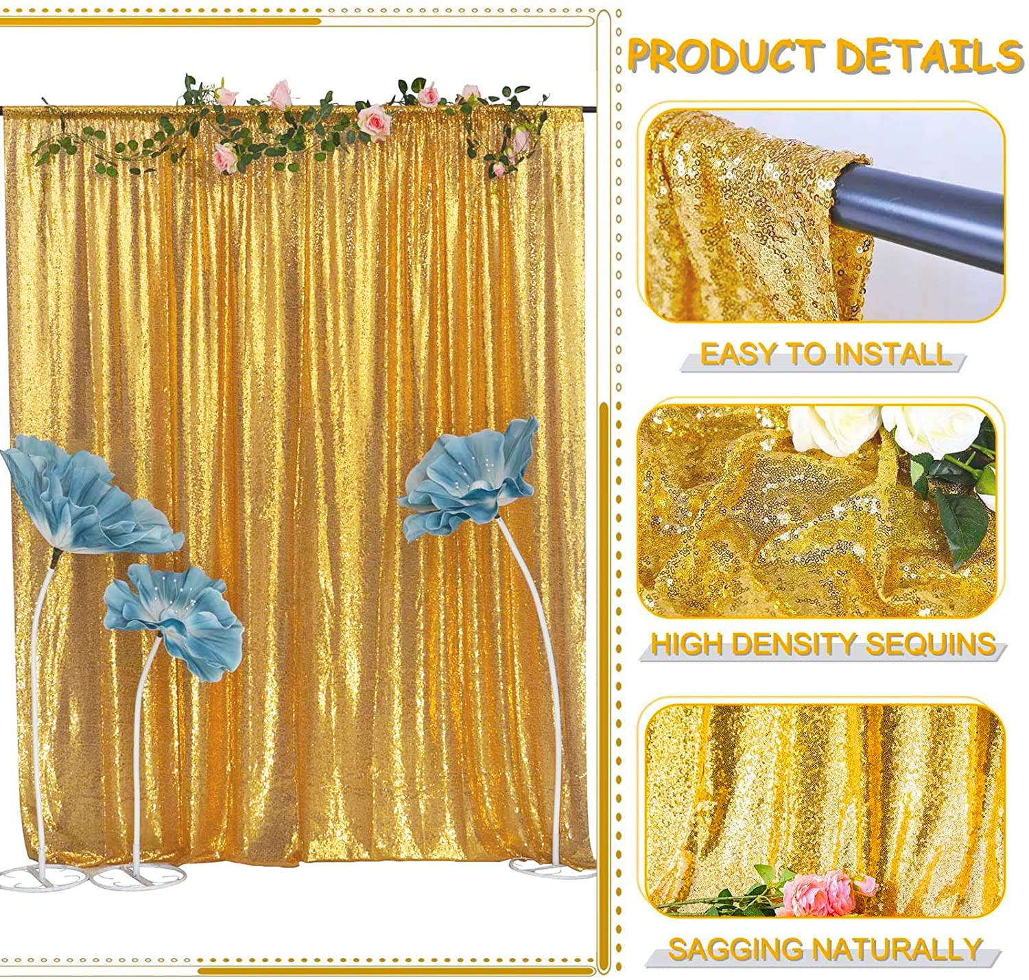 Tcbesto Gold Sequin Backdrop Curtains Glitter Drapes 2Ftx8Ft 4 Panels For Wedding Birthday Party Decorations Bridal Baby Shower