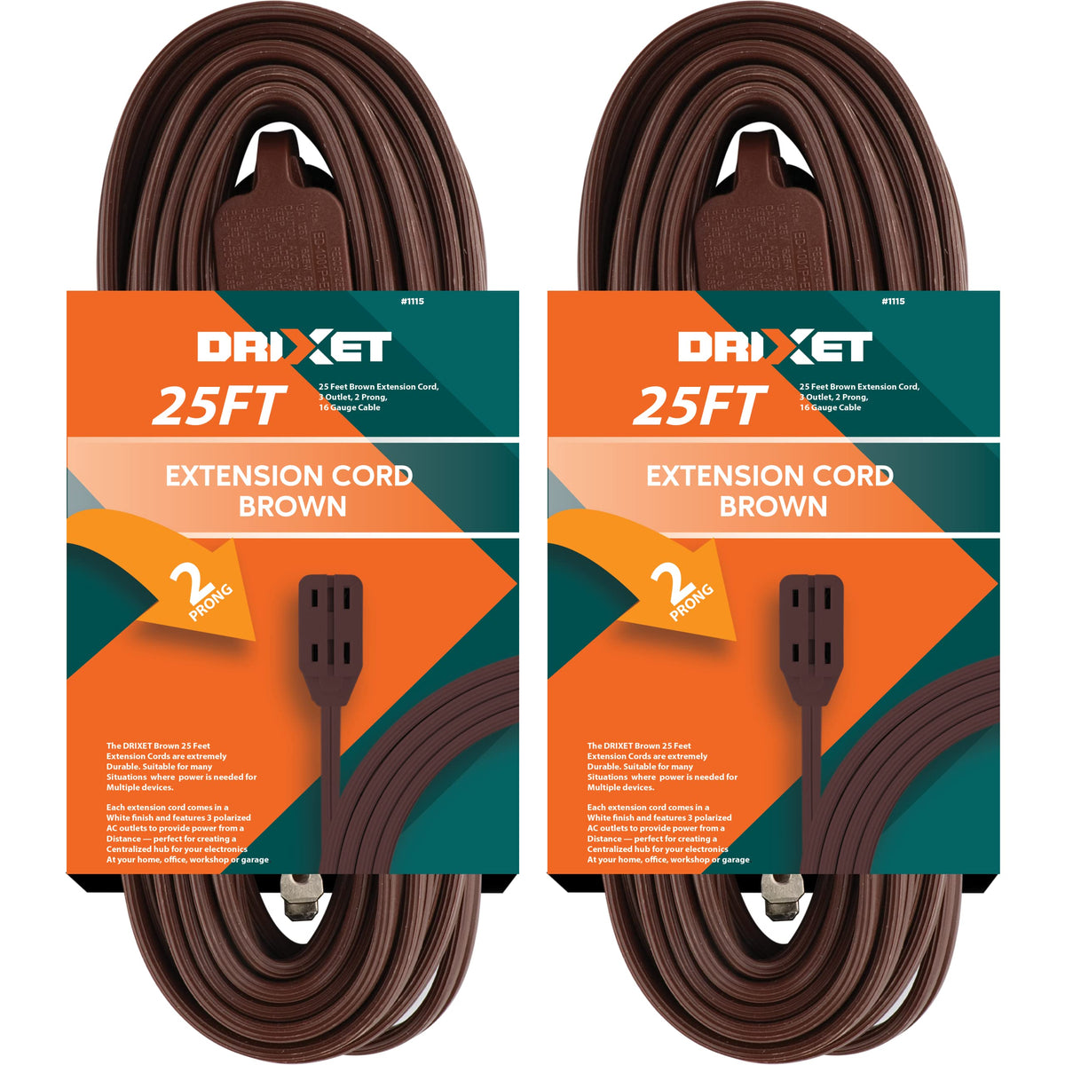 25 Feet Brown Extension Cord, 3 Outlet, 2 Prong, 16 Gauge Cable, 3 Receptacle Cube Tap, Indoor Use, (2 Pack)   By Revpex