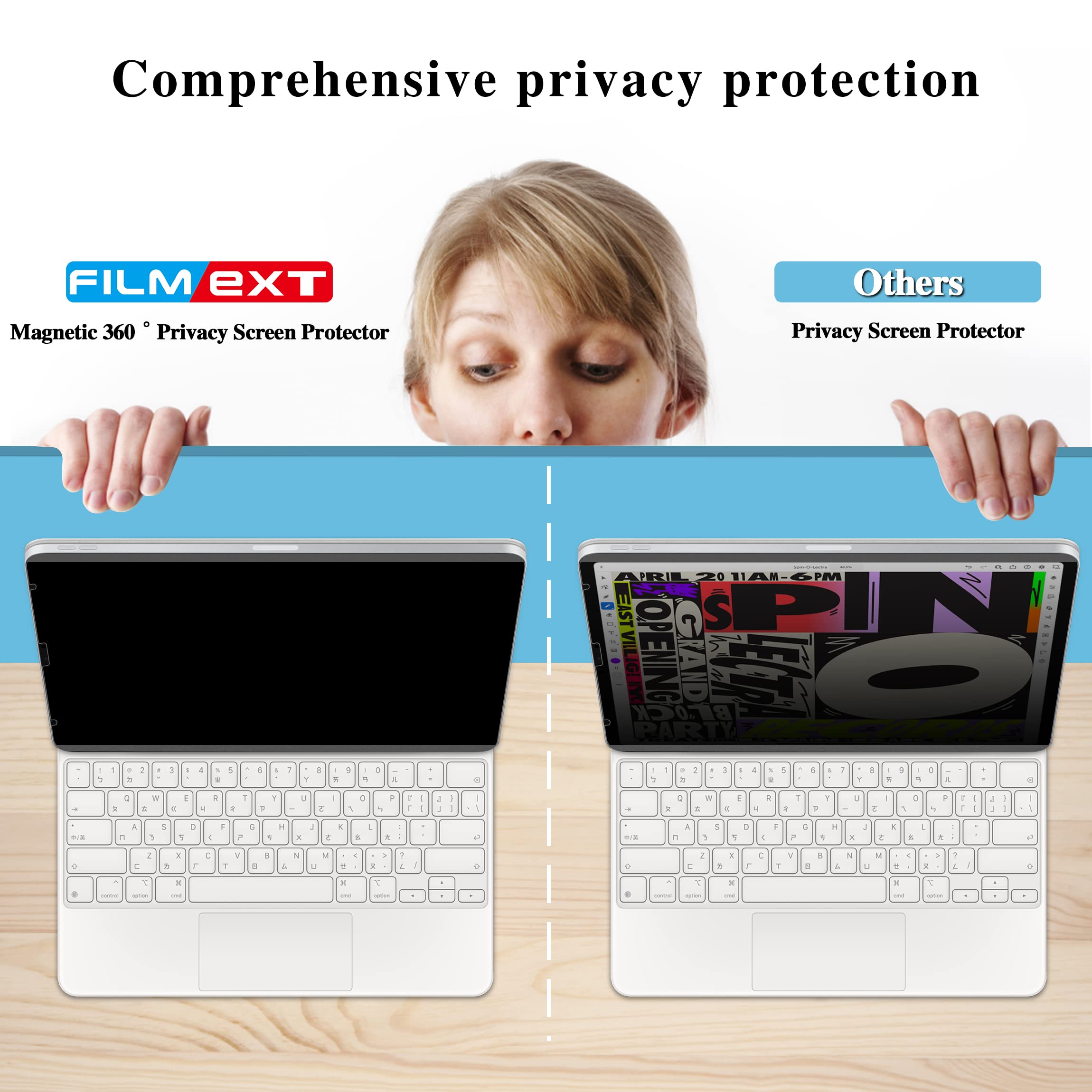 Filmext Magnetic 360 Privacy Screen Protector For Ipad Pro 12.9 M2 M1 2021/2020/2018 (Ipad Pro 12.9 6Th/5Th/4Th/3Rd Gen),Removab
