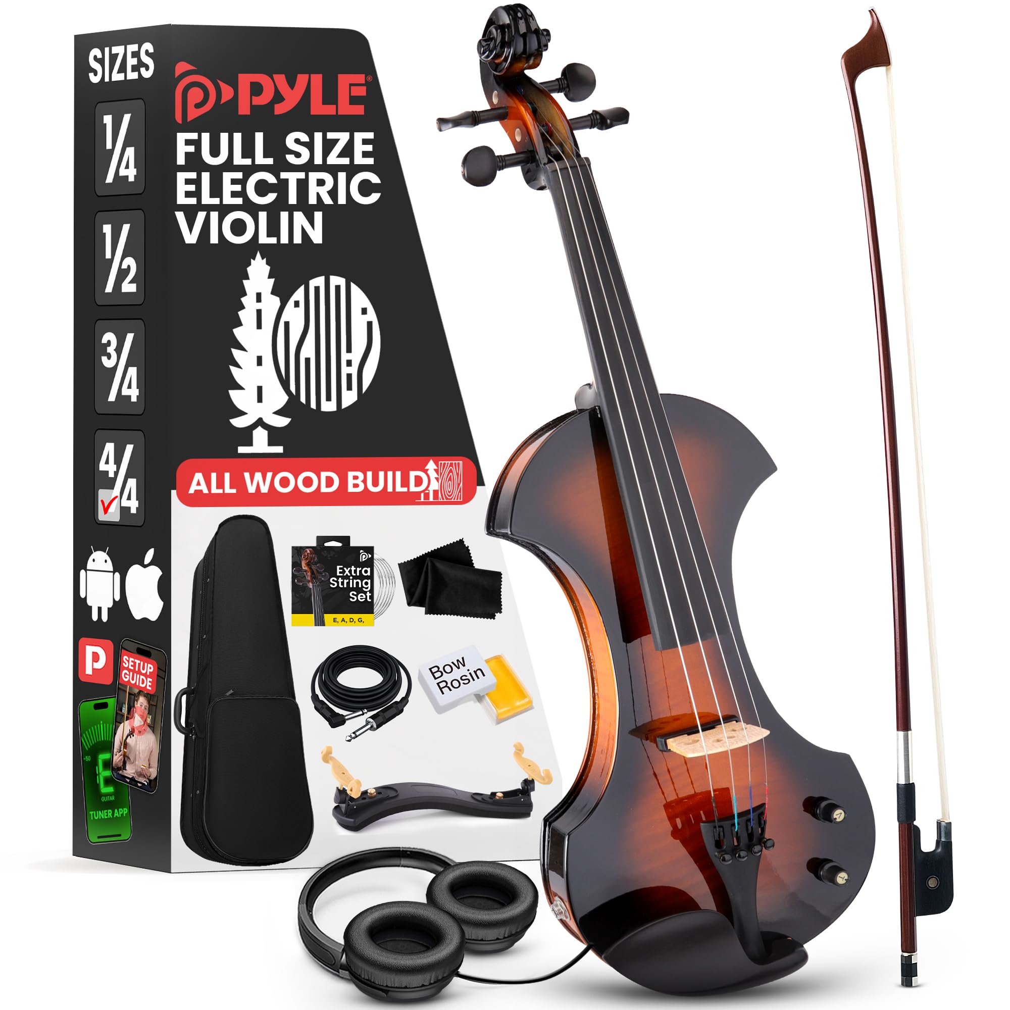 Pyle Full Size Electric Violin Kit   4/4 Solid Wood Silent Fiddle With Hard Case, Bow, Ebony Fittings, And Digital Tuner