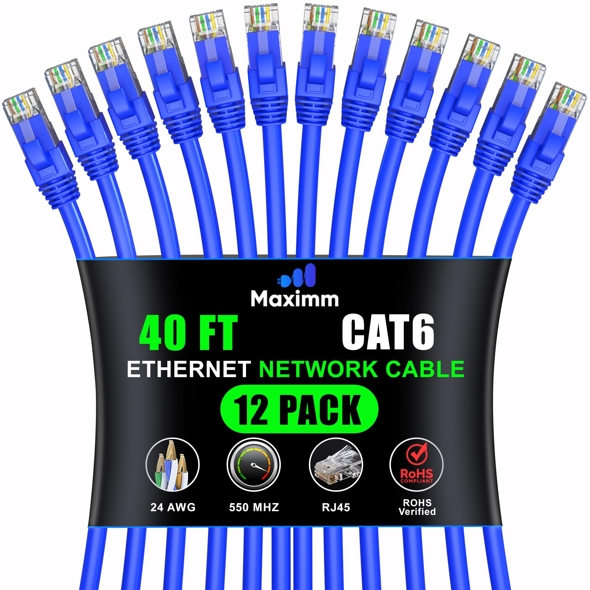 Maximm Cat 6 Ethernet Cable 40 Ft (12 Pack)   High Speed Lan Cable, Internet Cable, Patch Cable, And Network Cable   Utp, 10Gbps, 550Mhz Ethernet Cord   Blue