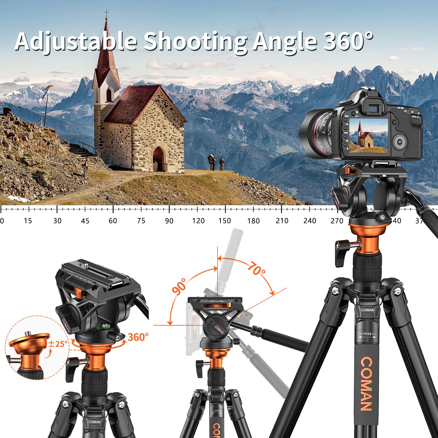 Fluid Head Tripod, Coman Video Camera Tripod Monopod Aluminium Alloy 70.8 Inch Detachable And Quick Release Plate For Dji Canon