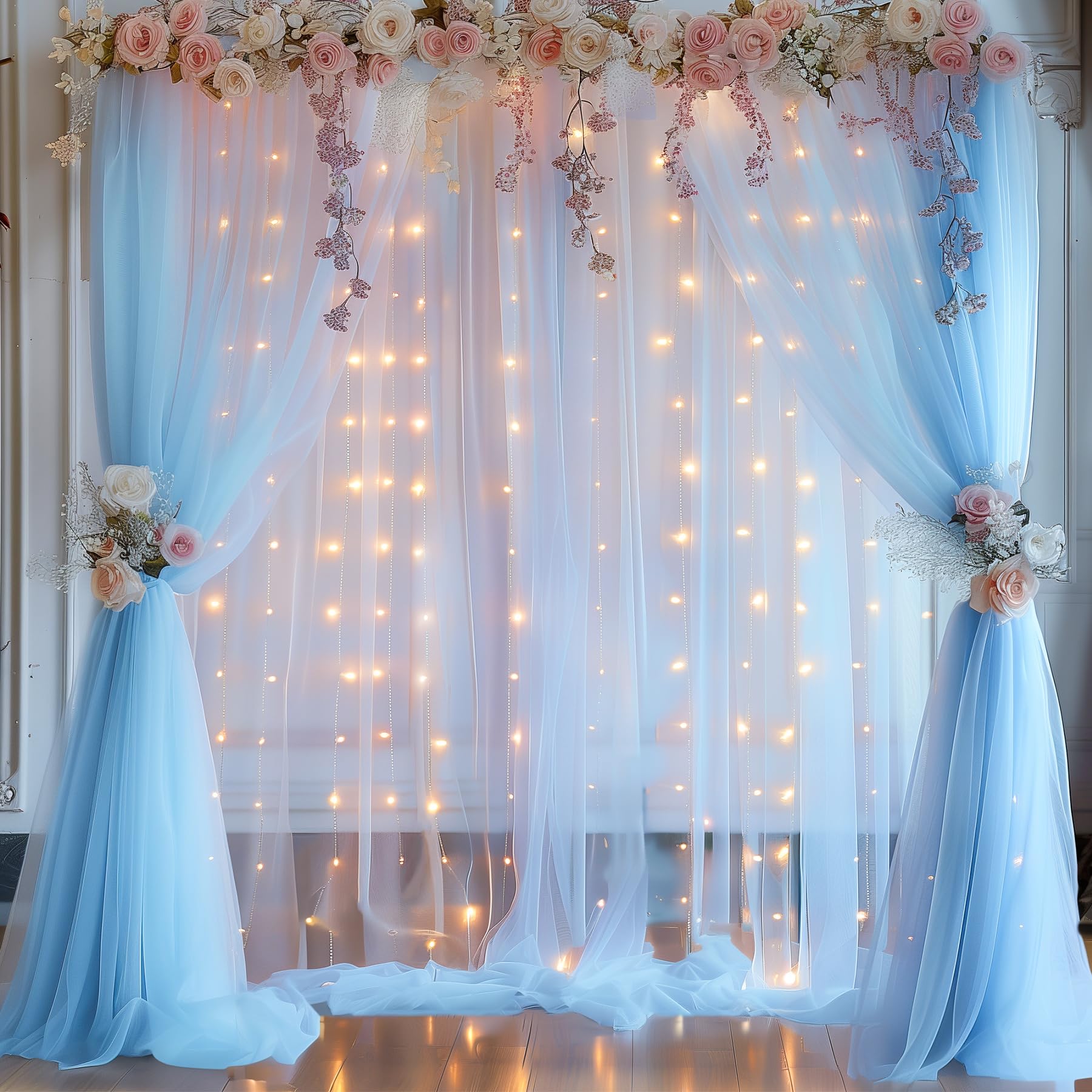 10X10Ft Baby Blue Tulle Backdrop Curtain With Lights String For Parites, Sheer Backdrop Curtains For Wedding Baby Shower Birthda