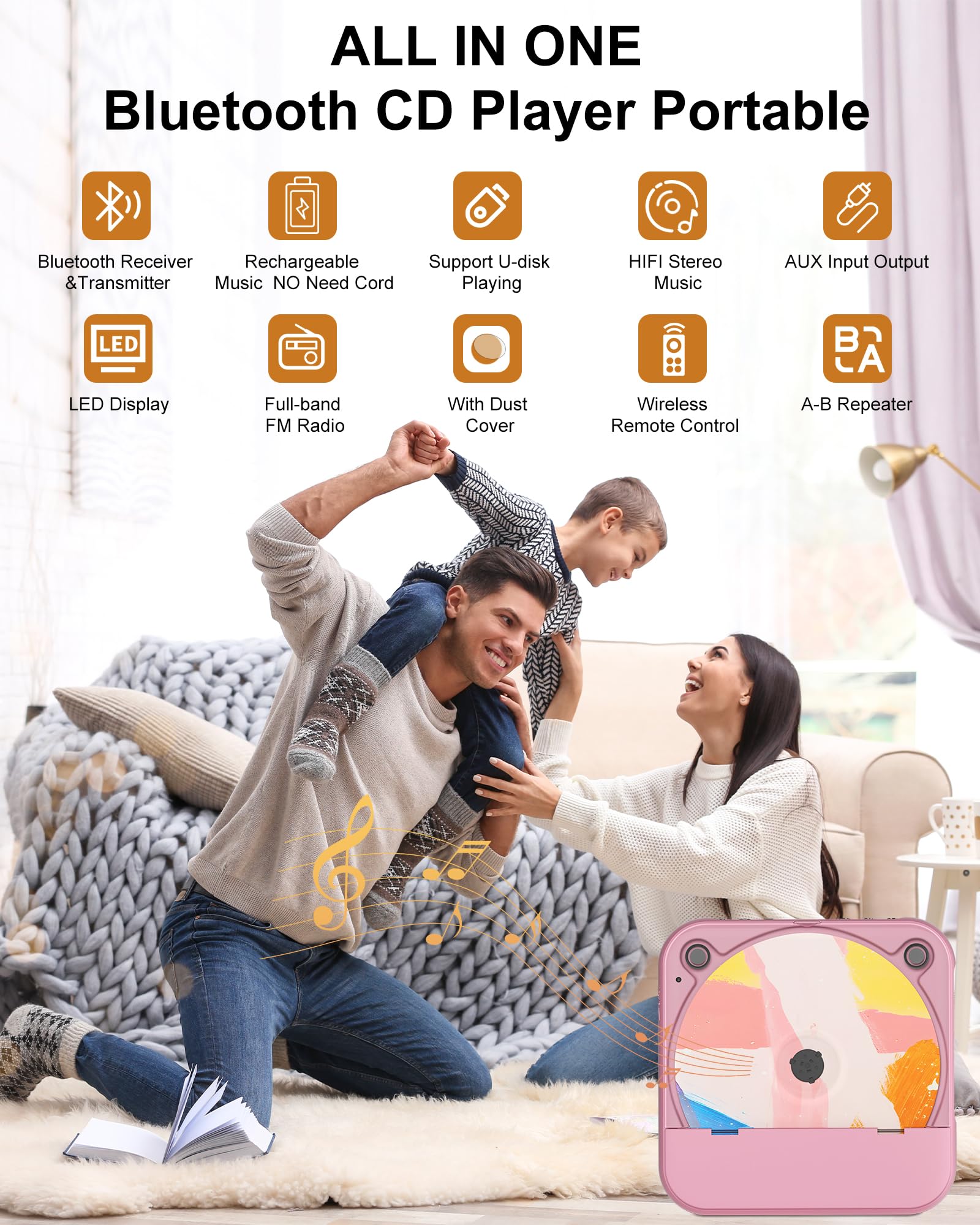 Portable Cd Player With Bluetooth, Rechargeable Wireless Mini Desktop For Home With Hifi Speaker, Cute Cd Player Remote Control,