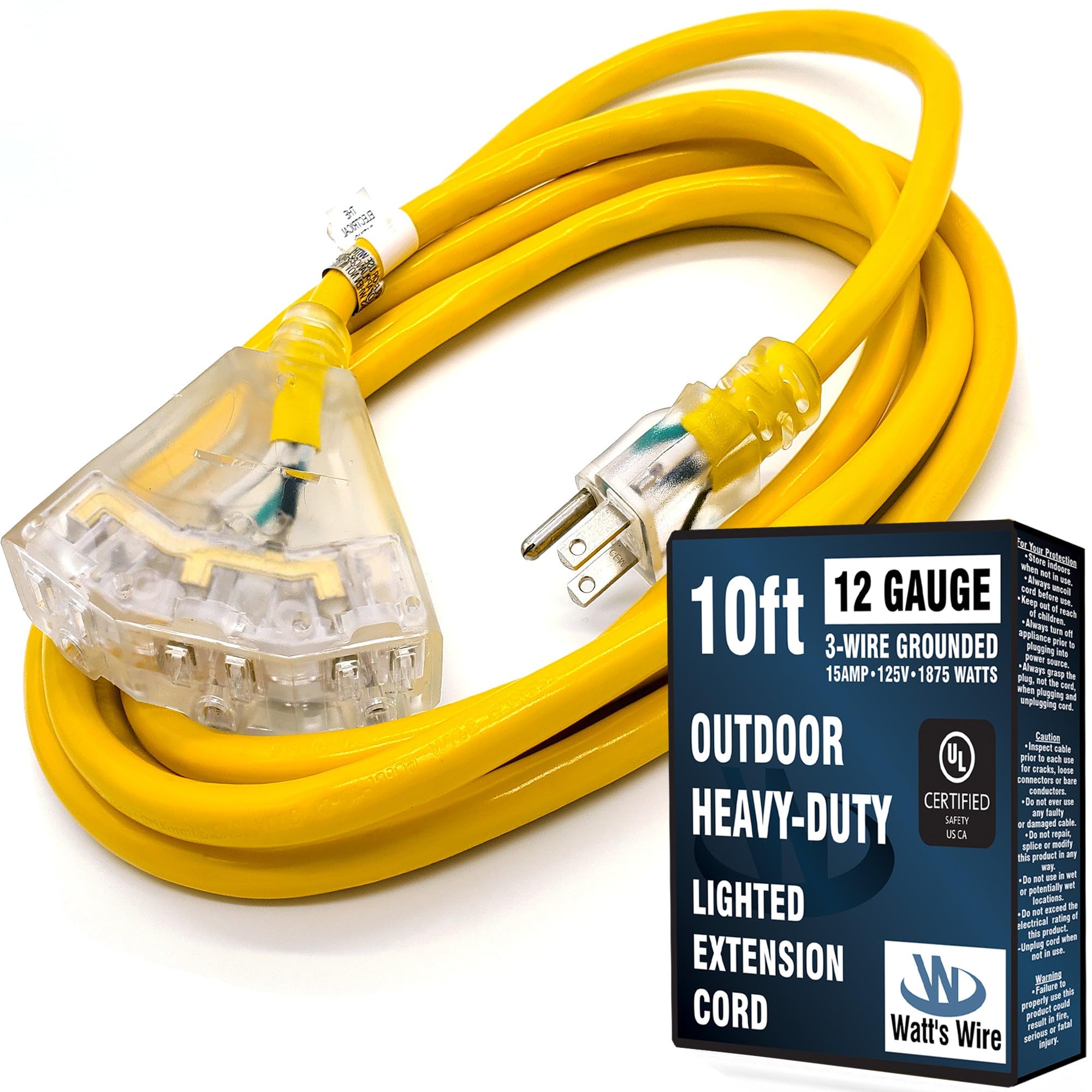 10 ft Heavy Duty Extension Cord - 12 Gauge Outdoor Extension_Cord - Lighted Mulitiple Outlets by Watts Wire - 10 12-Gauge Grou