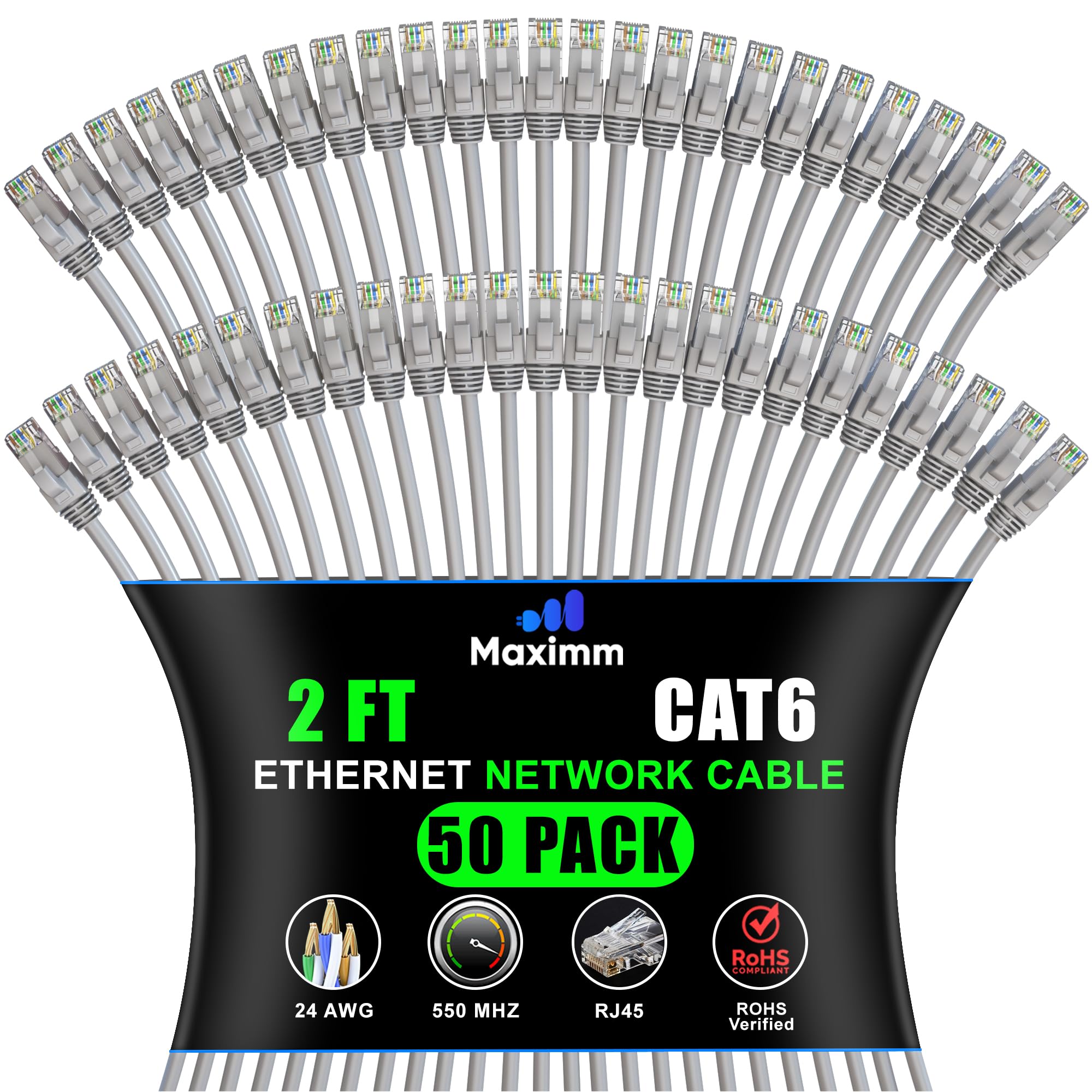 Maximm Cat 6 Ethernet Cable 2 Ft, (50-Pack) Cat6 Cable, LAN Internet and Network - UTP (Gray) 2 Feet