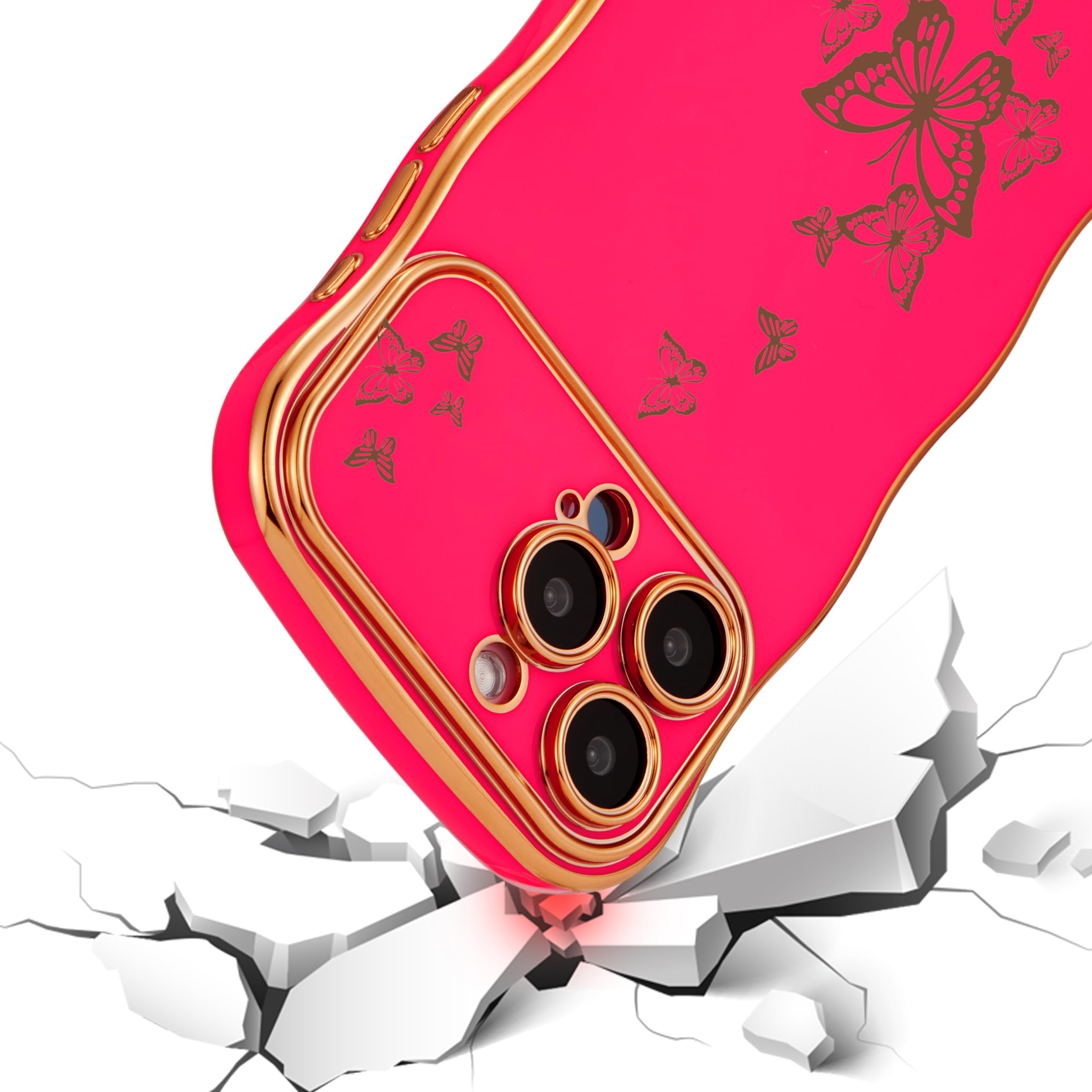 Ztofera For Iphone 15 Pro Case For Girl Women, Cute Curly Wave Frame With Luxury Plating Butterfly Pattern, Soft Tpu Shockproof