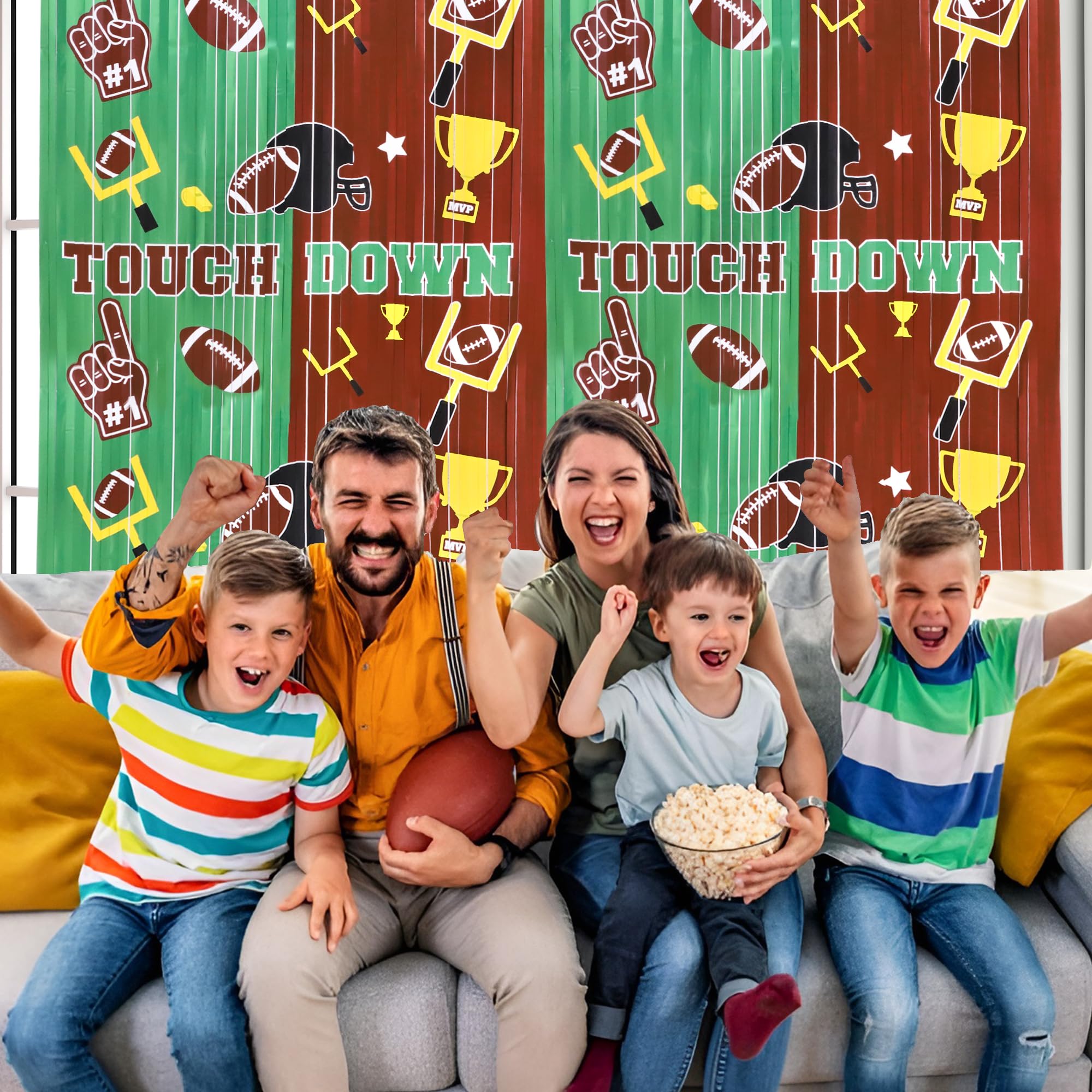 Superbowl Football Party Decorations Foil Fringe Curtains, 2 Pack 3.3X6.6Ft Green Brown Tinsel Backdrop Super Bowl Sunday Night