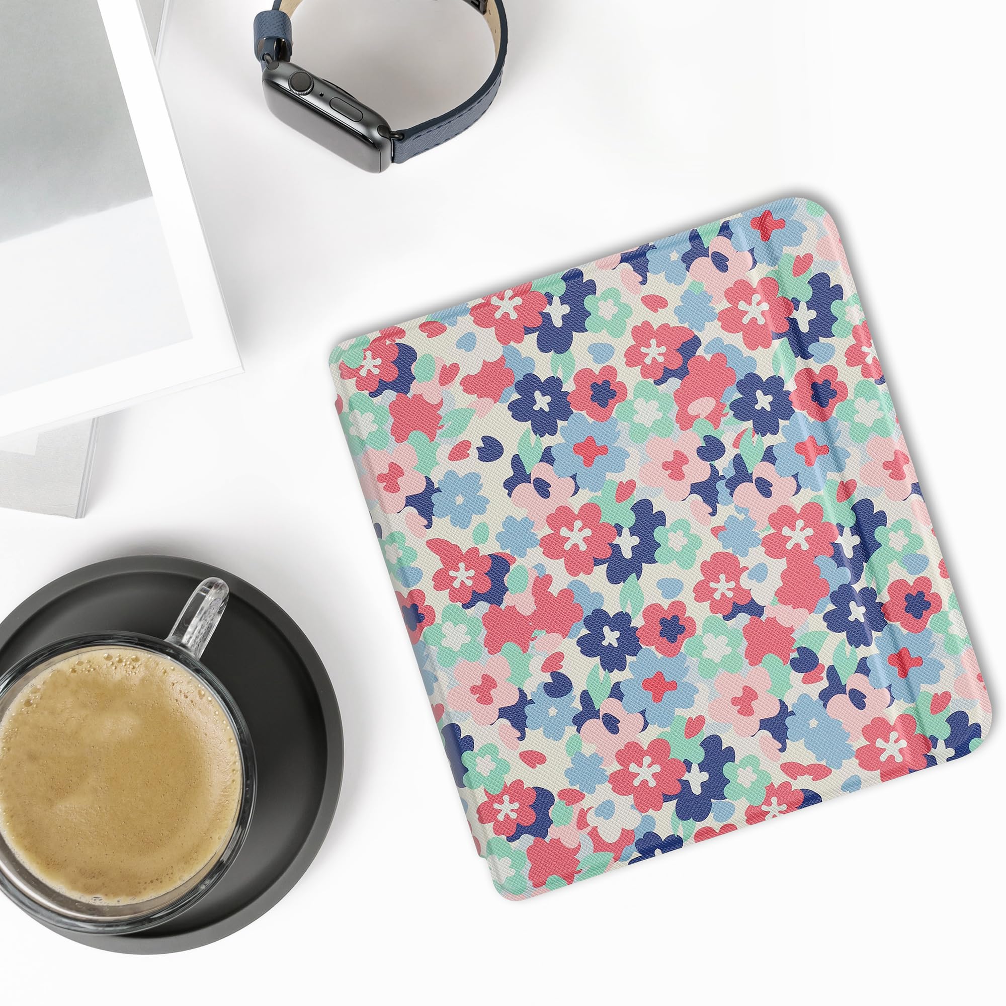 Kwmobile Case Compatible With Kobo Libra 2 Case   Ereader Cover   Pastel Flowers Red/Dusty Pink/Blue