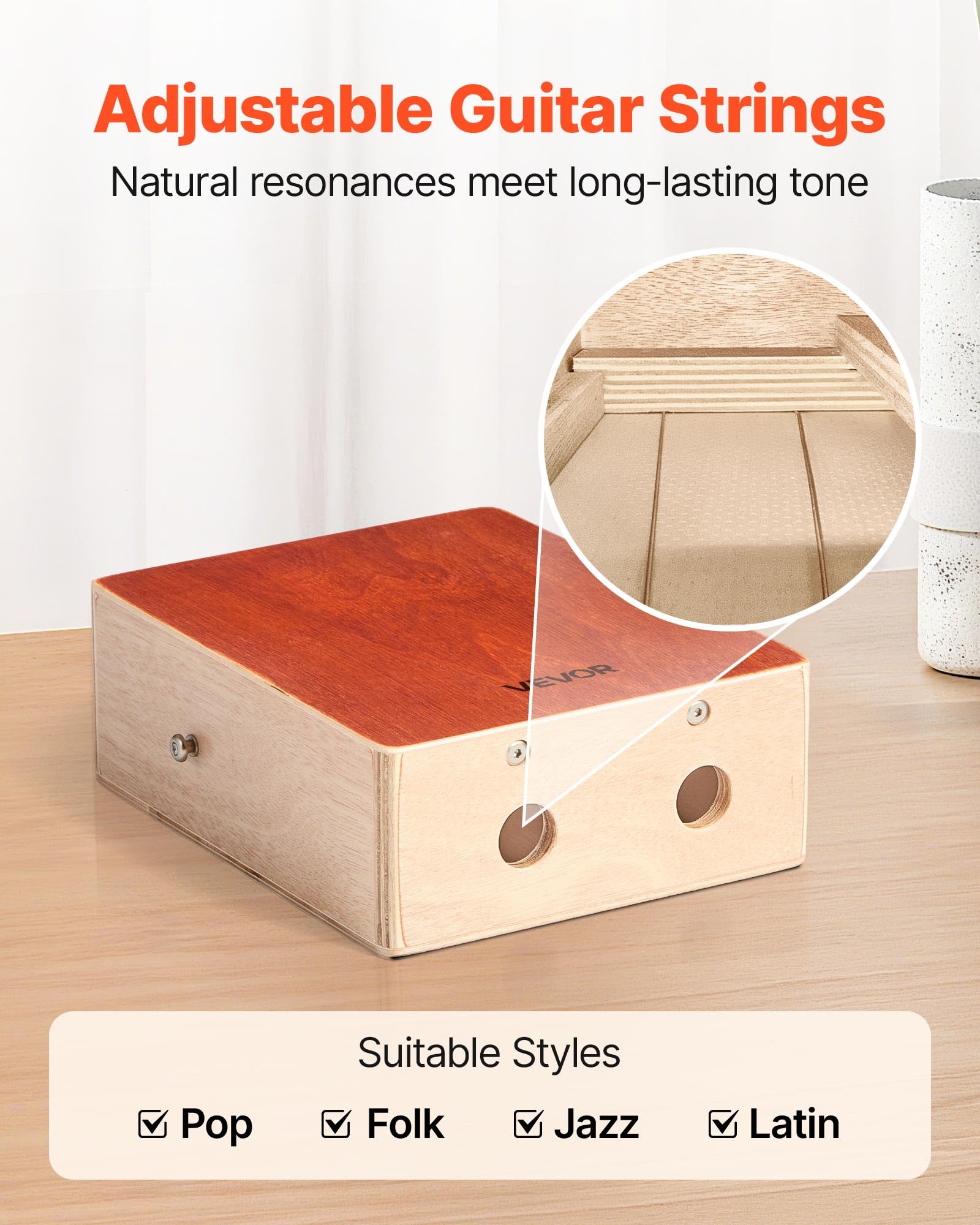 Vevor Cajon Box Drum, With Internal Guitar Strings, Lightweight Wooden Percussion Box, Portable Birch Wood Drum Instrument With