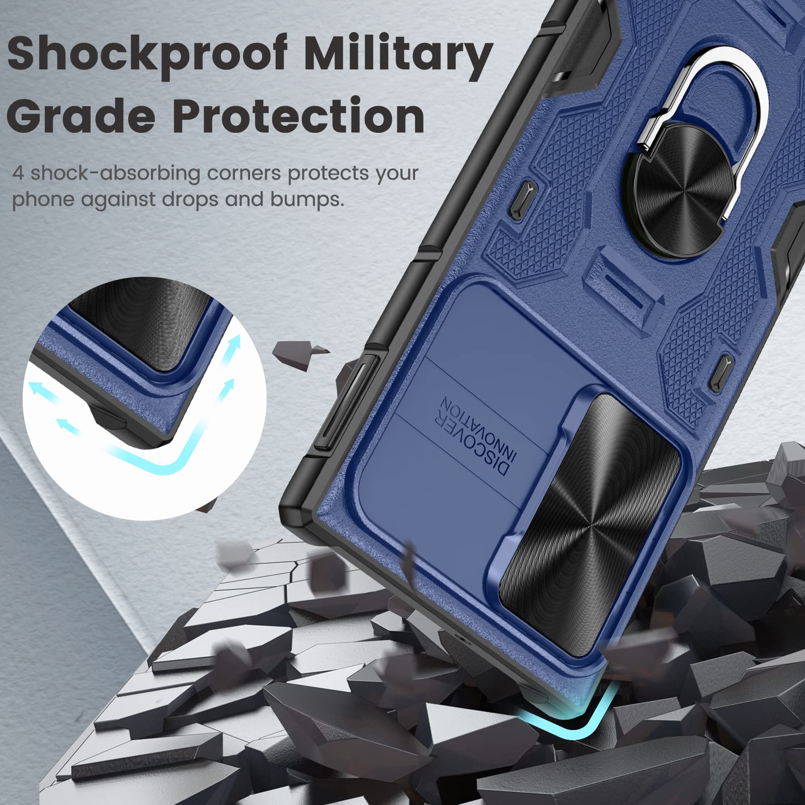 Caka For Galaxy S22 Ultra Case, Samsung S22 Ultra Case With Kickstand Slide Camera Cover With Built In 360    Rotate Ring Stand