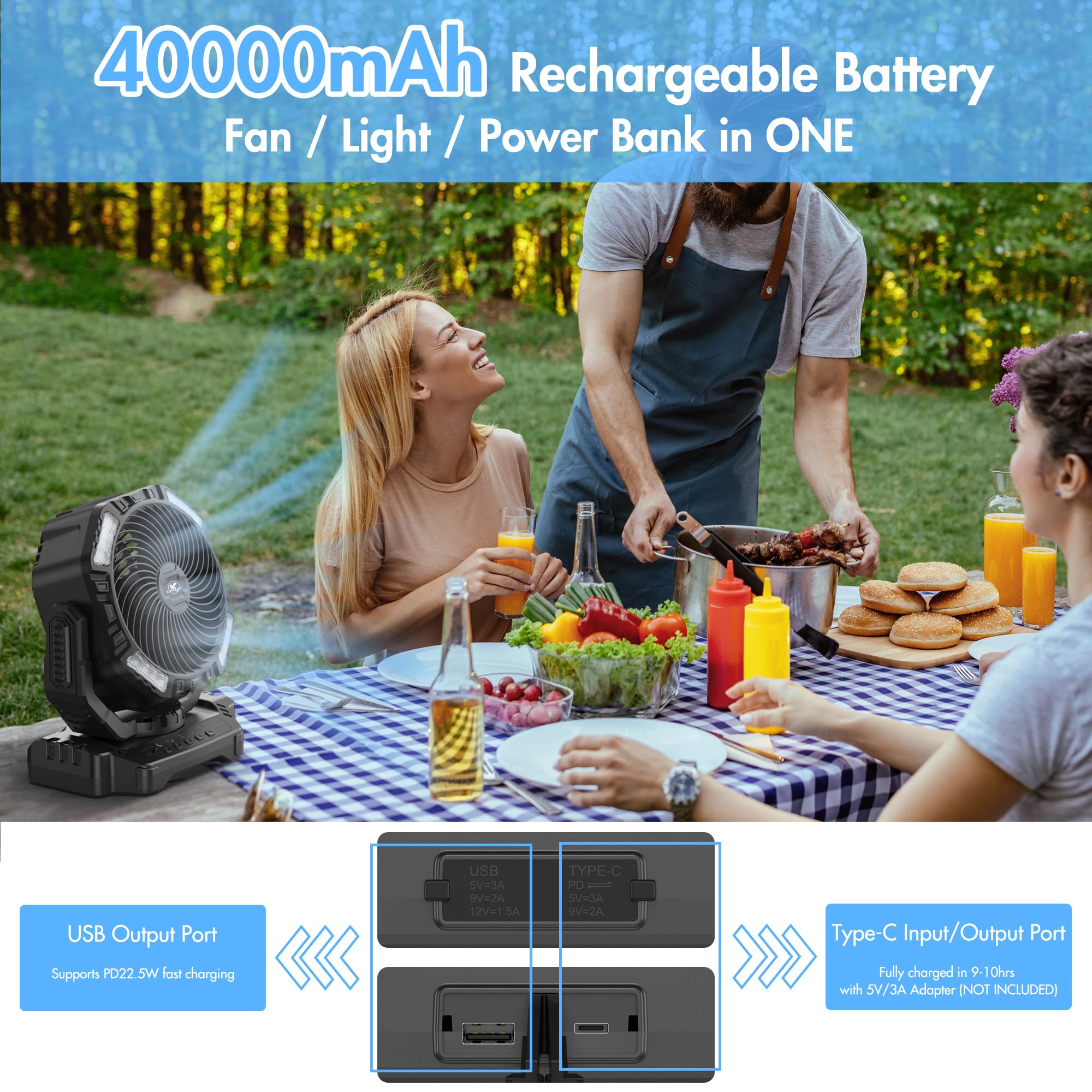 Camping Fan, 40000Mah Oscillating Rechargeable Battery Operated Fan, Portable Battery Powered Outdoor Tent Fan With Remote Light