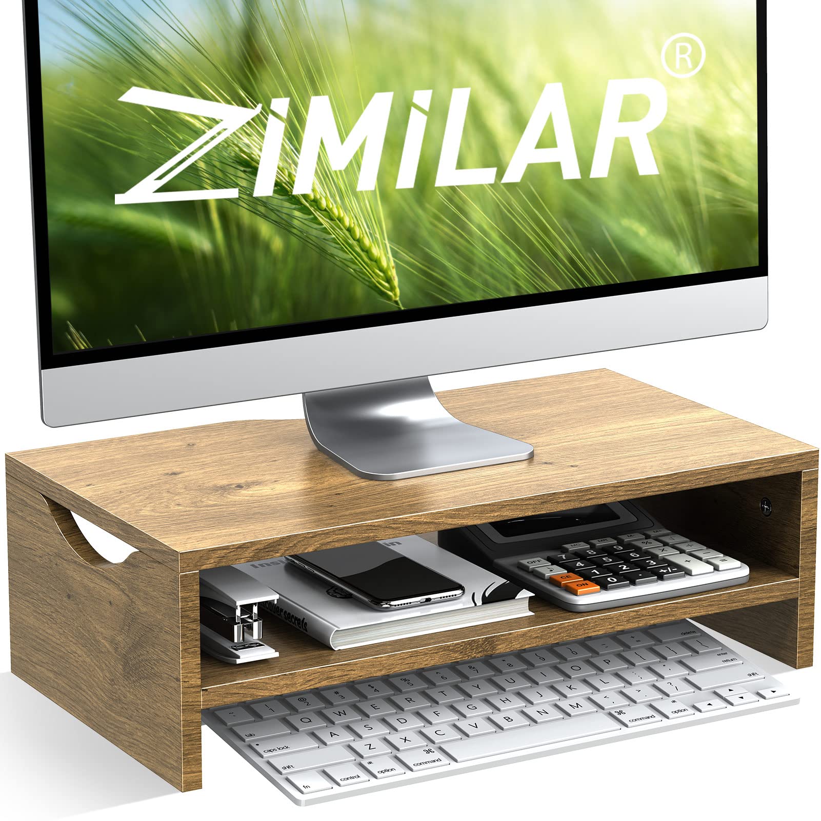 Zimilar Monitor Stand Riser, 2 Tiers Laptop Computer Monitor Riser For Pc Screen, Imac, Desktop Wooden Screen Monitor Stand Rise