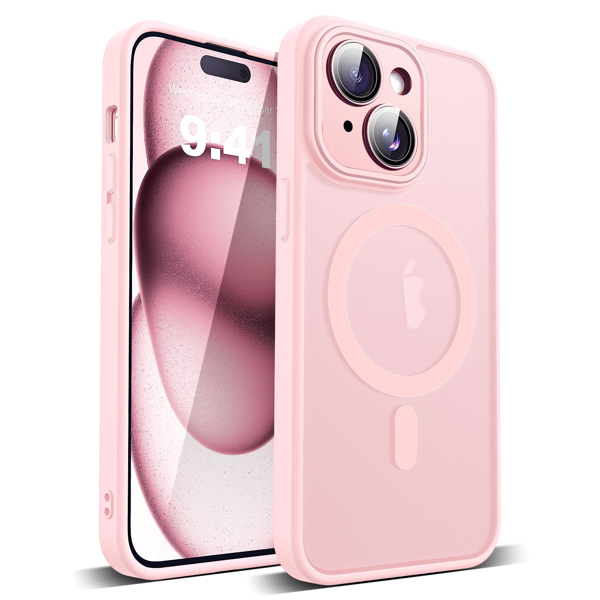 YEMORAN Compatible with iPhone 15 Case with Built-in Camera Lens Protectors Shockproof Translucent Magnetic iPhone 15 Phone Case