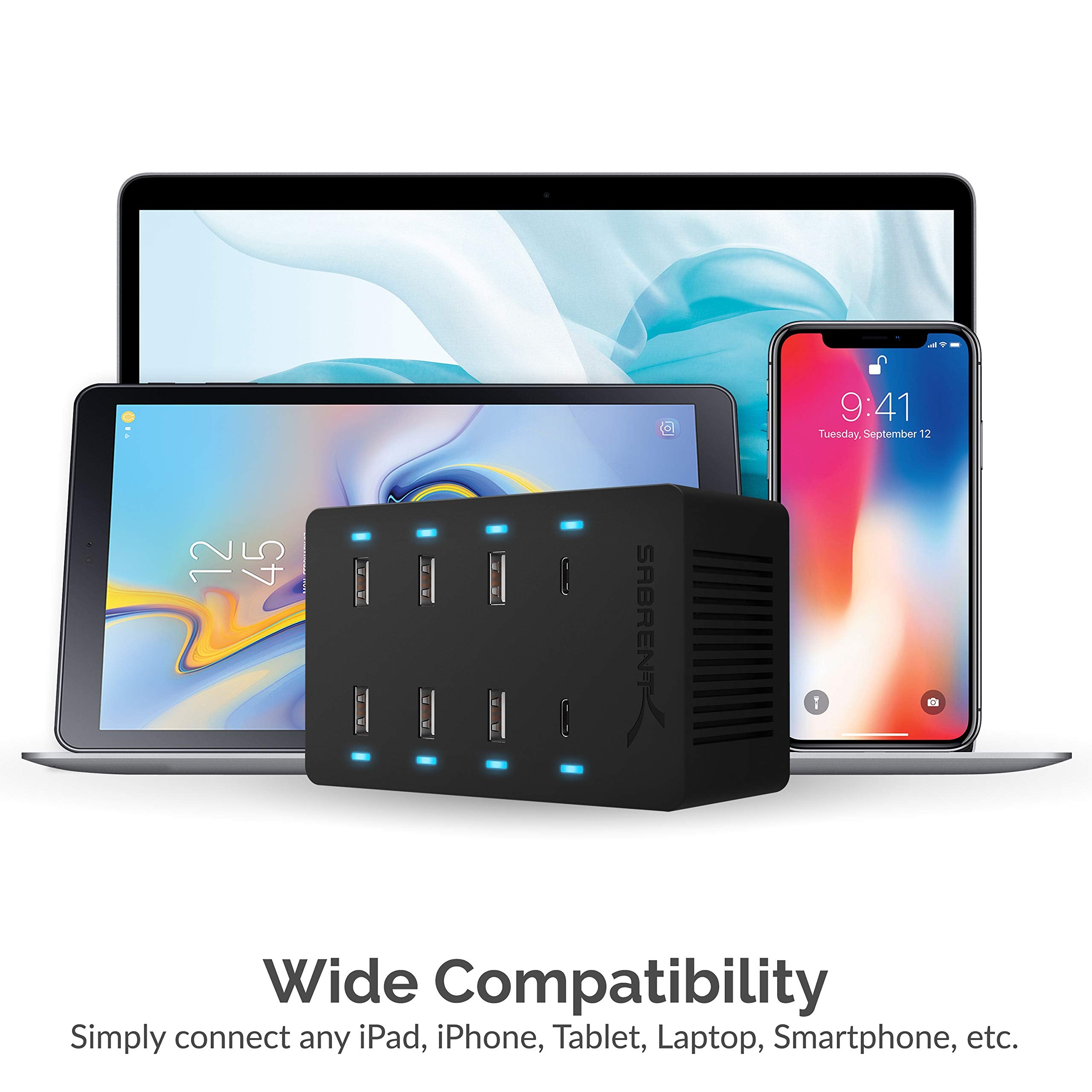 Sabrent 100 Watt 8 Port Family Sized Usb Rapid Charger [Ul Certified ] Includes 2 Pd (Power Delivery) Ports (Ax Adpd)